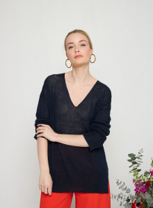 Pull oversize col V en lin - Tiphaine 7640 marine - 05 Bleu marine