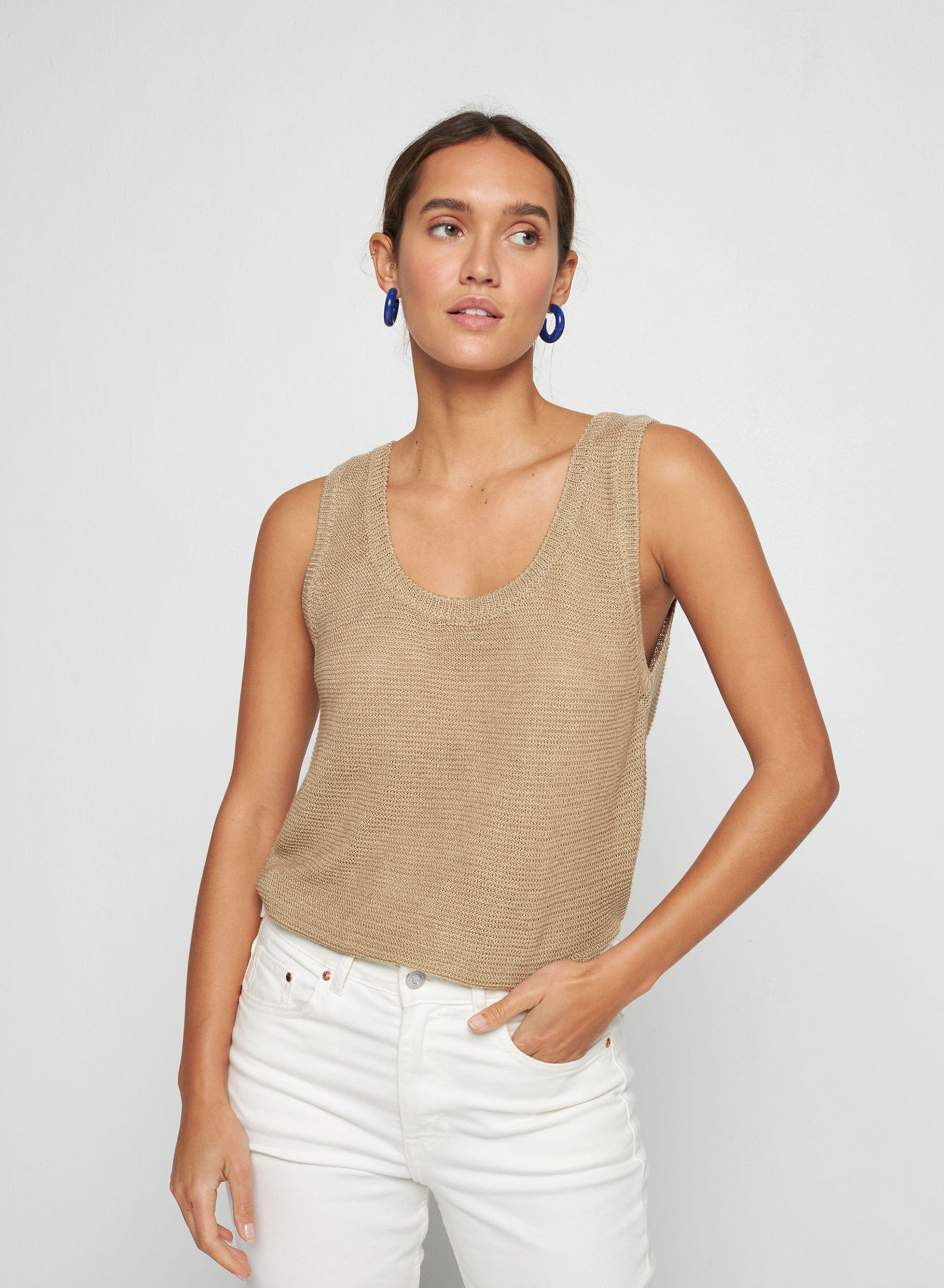 Débardeur col rond en lin - Tina 7620 raphia - 12 Beige clair