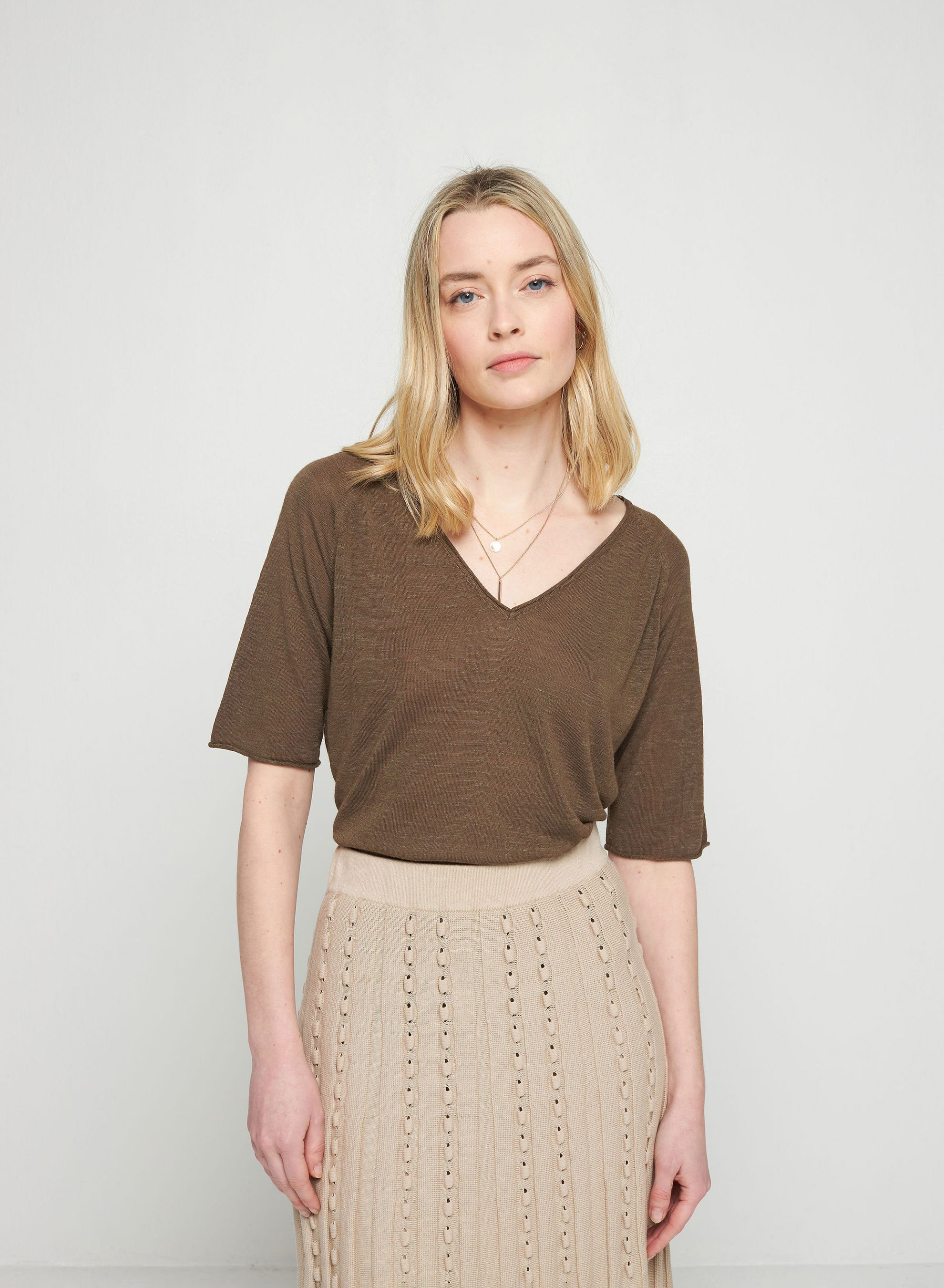 Flamed linen elbow sleeve t-shirt - Bonbon