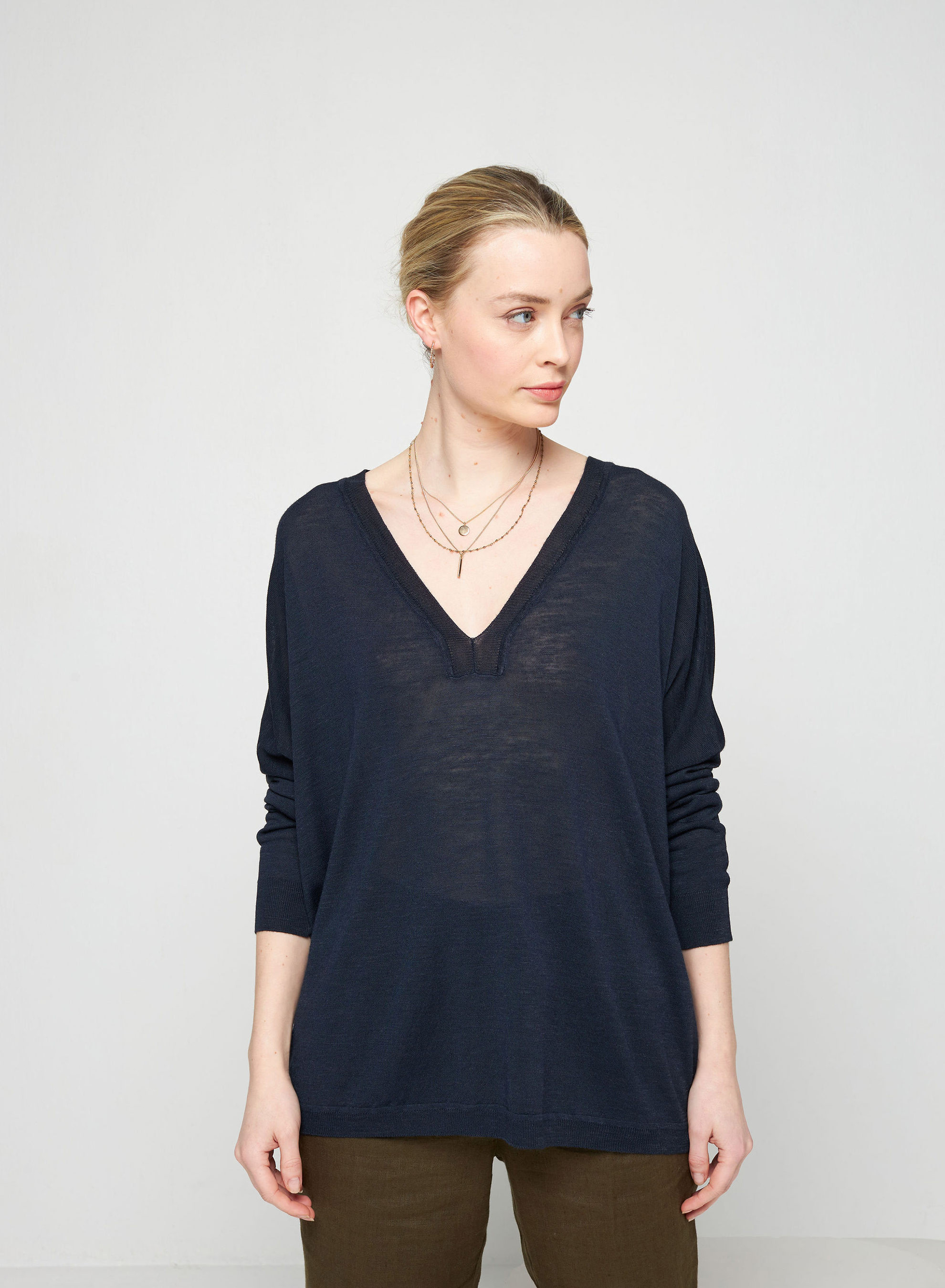 T-shirt oversize col v en lin flammé - Beja 7640 marine - 05 Bleu marine