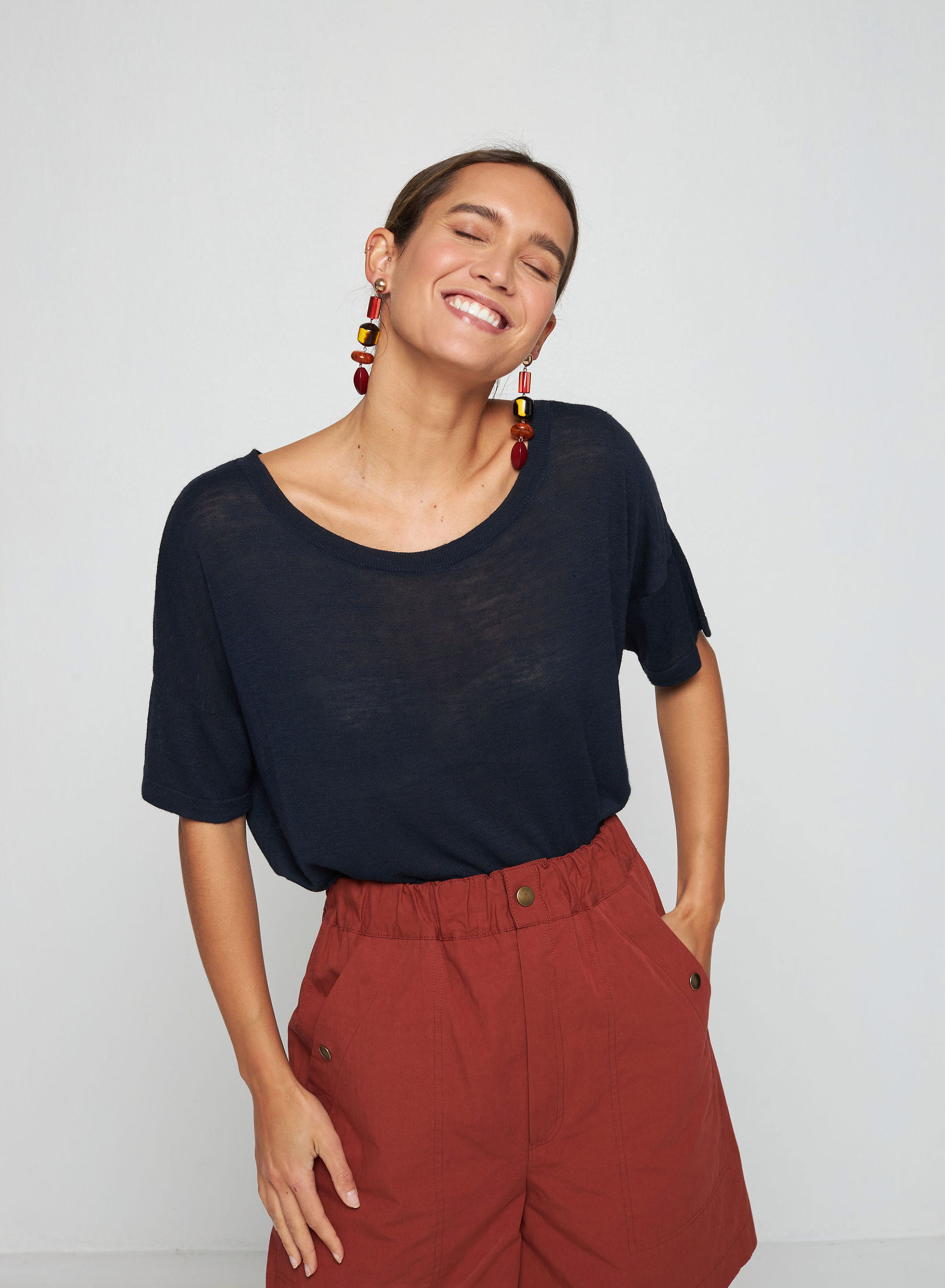 T-shirt boutonné dans le dos en lin flammé - Tally 7640 marine - 05 Bleu marine