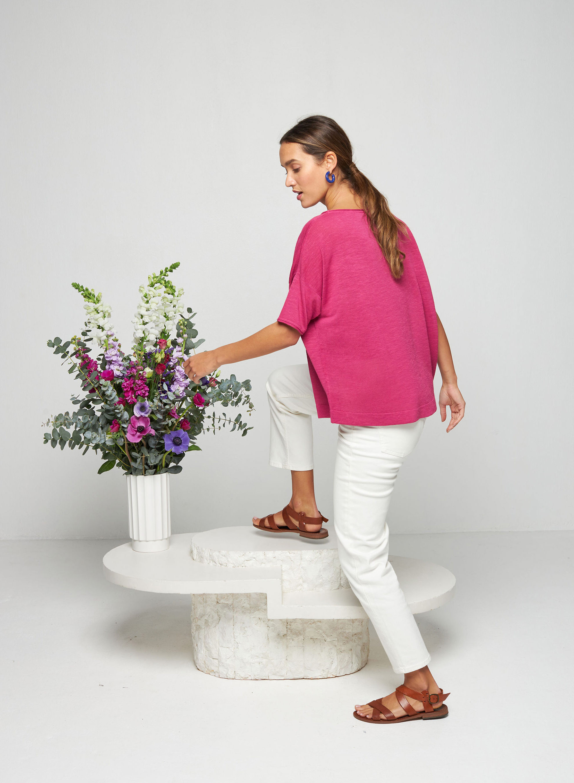 T-shirt ample manches coudes en lin flammé - Taslim 7681 pivoine - 26 Rose foncé