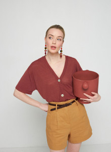 Gilet manches courtes en lin flammé - Tanya 7630 argile - 51 Bordeaux