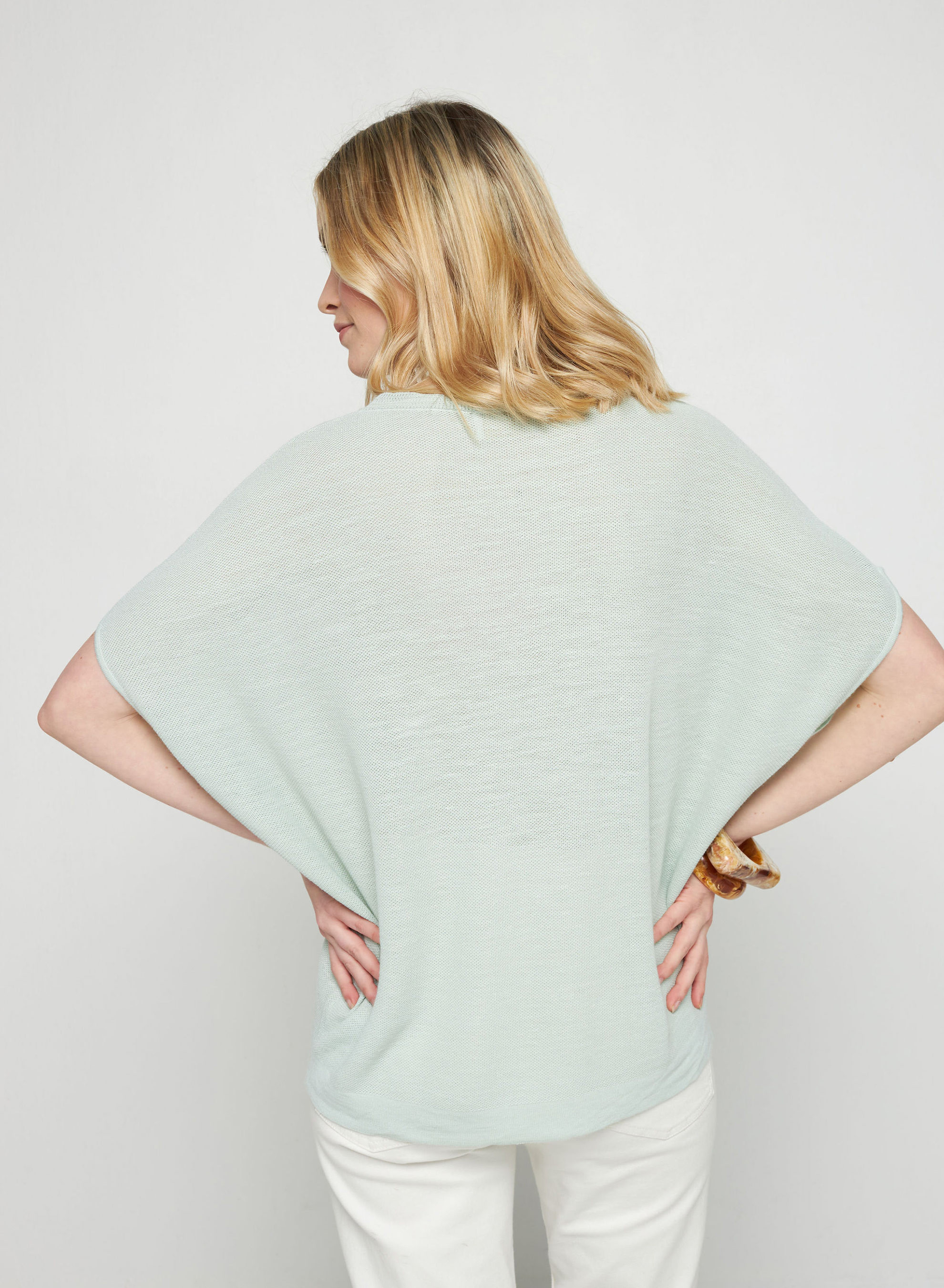 T-shirt manche chauve-souris en lin flammé - Tarra 7651 sauge - 23 Vert clair