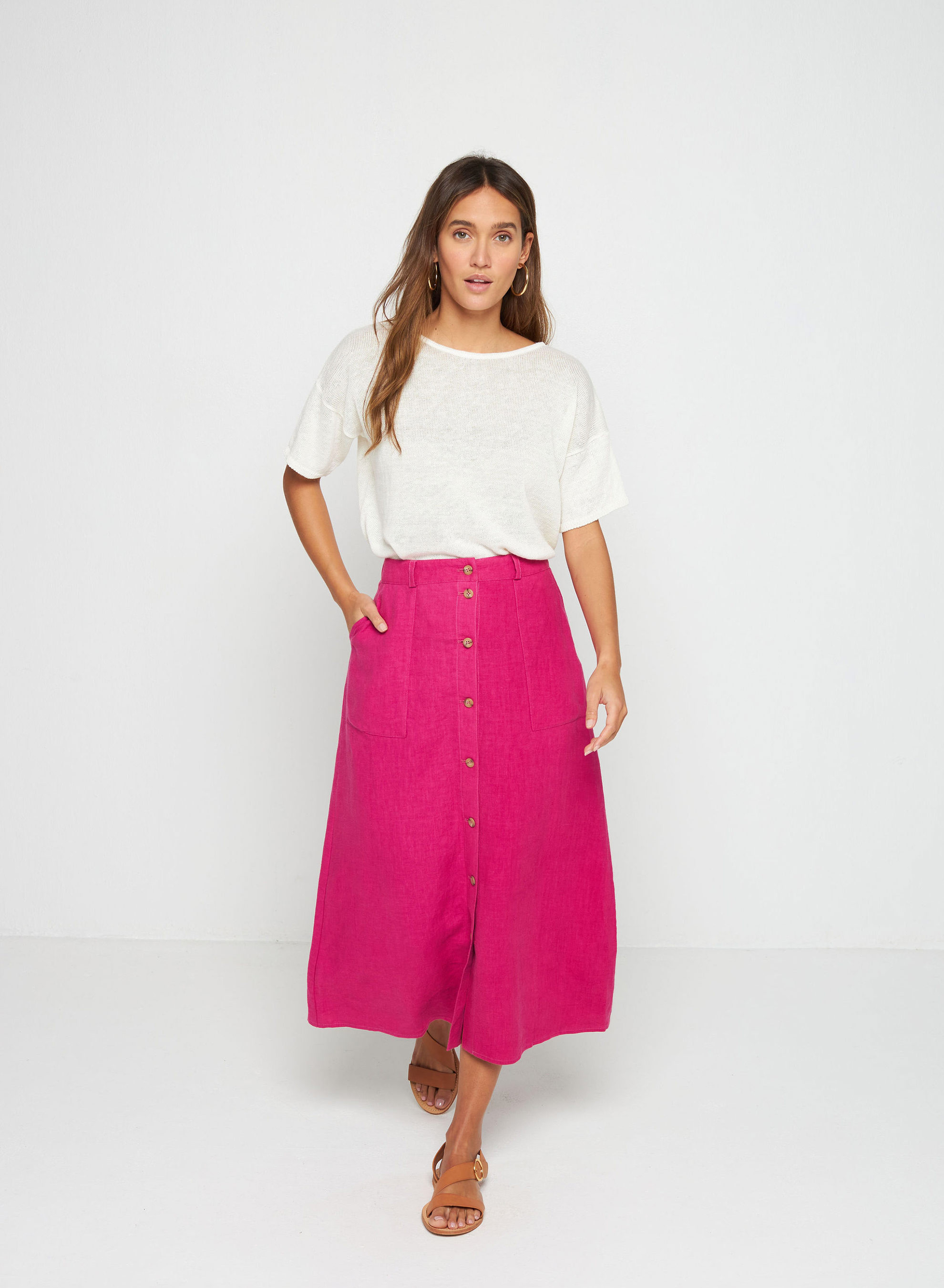 Jupe longue à boutons en lin - Tourya 7681 pivoine - 26 Rose foncé