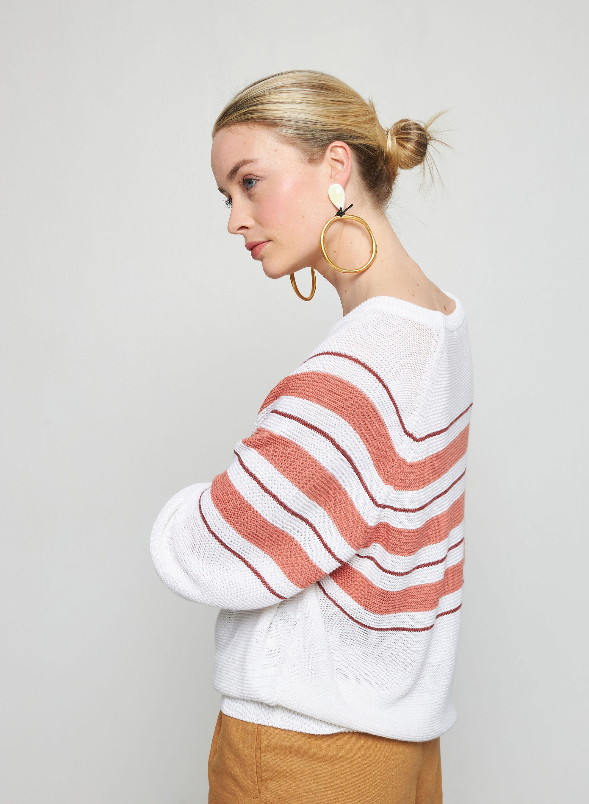 Pull ample rayé en lin flammé - Tael 7709 ecru/argile/blush - 02 Blanc