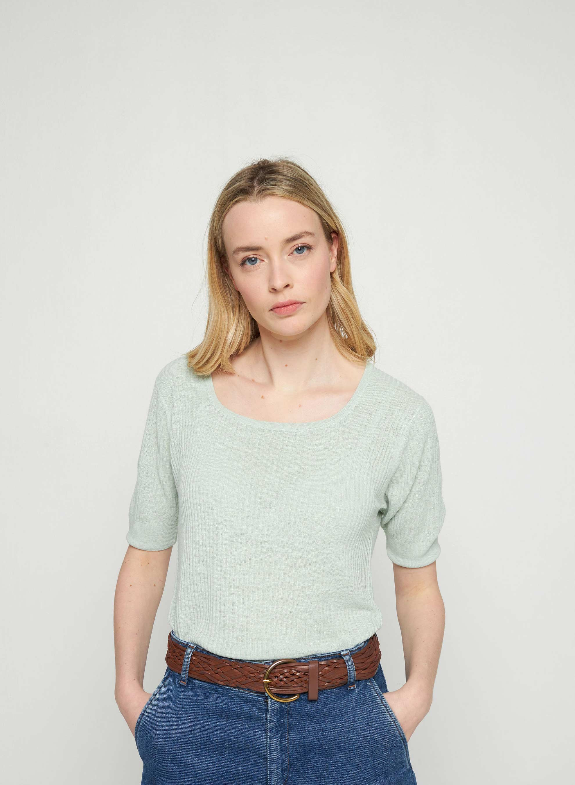 T-shirt maille côtelée en lin flammé - Tahissa 7651 sauge - 23 Vert clair