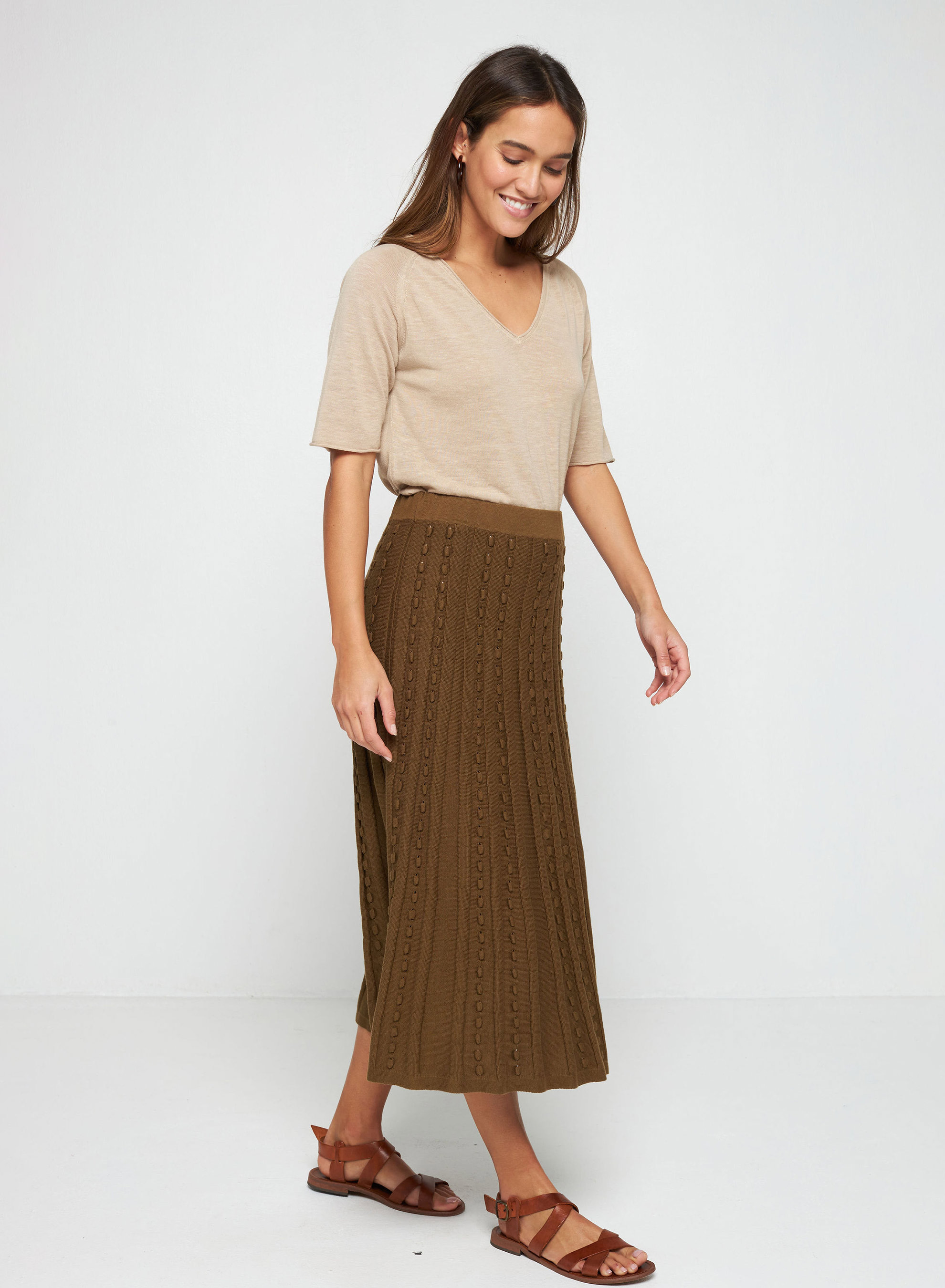 T-shirt manches coudes en lin flammé - Bonbon 7620 raphia - 12 Beige clair