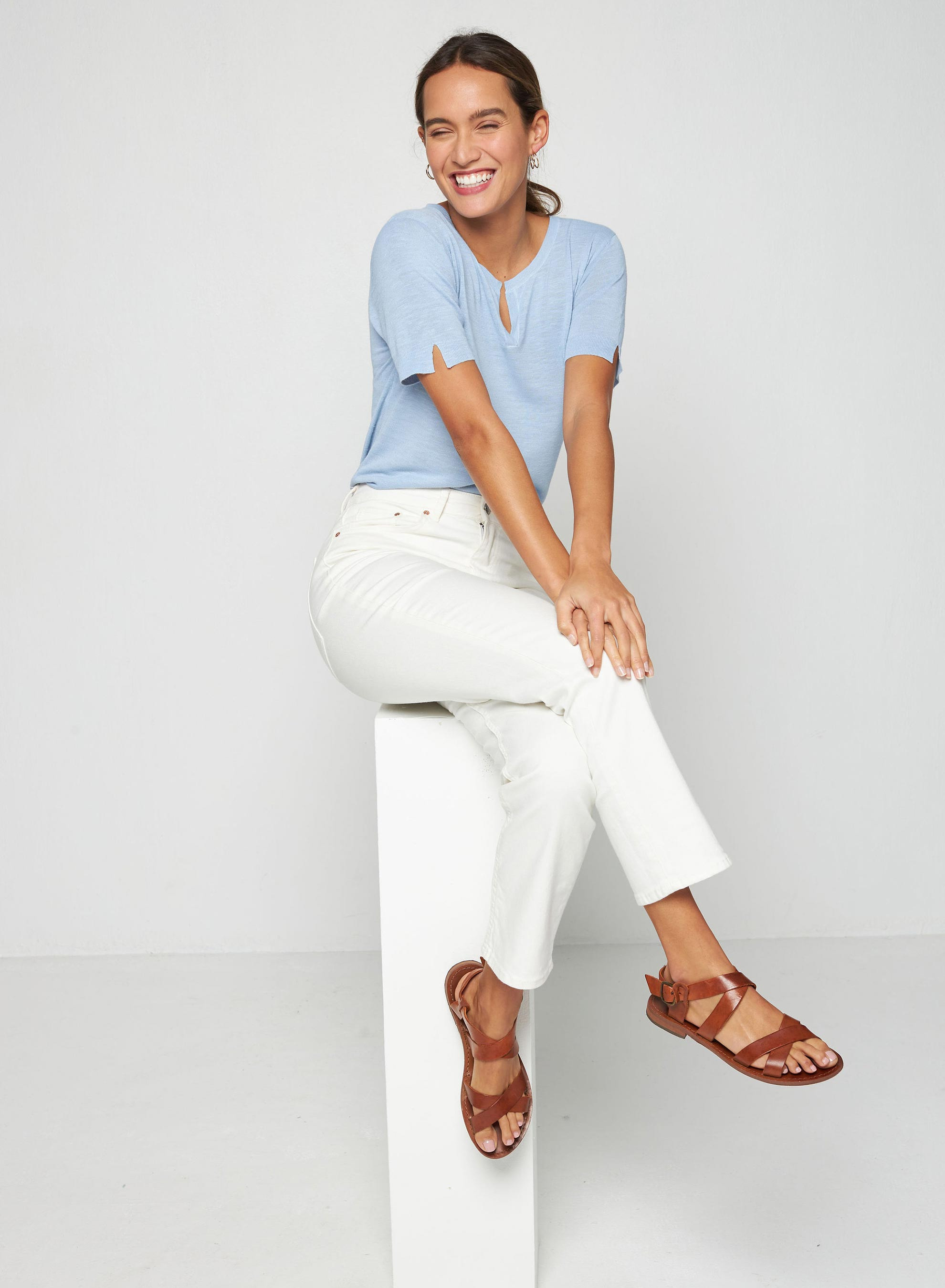 Flamed linen t-shirt with tunisian collar - Bohême