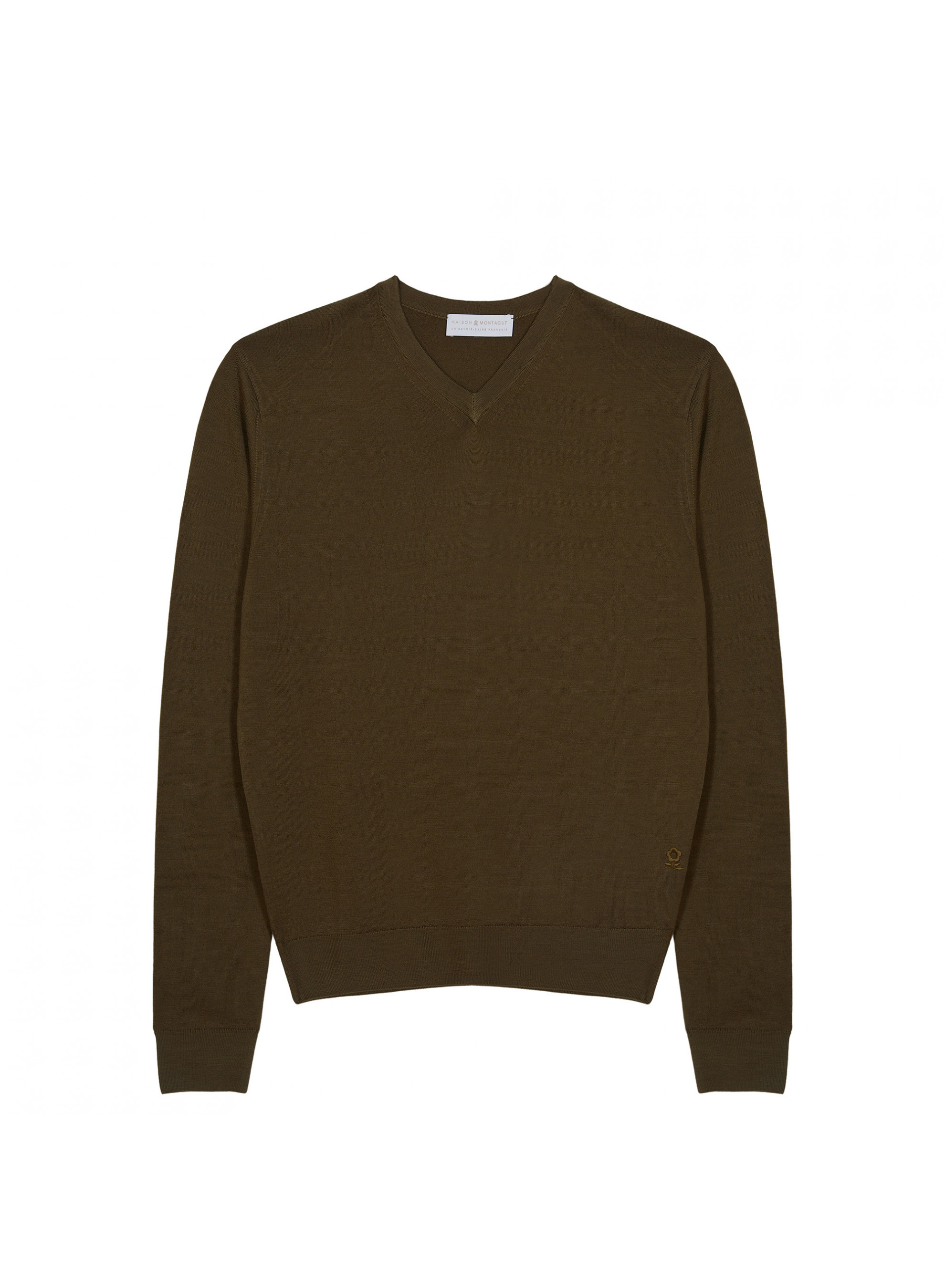  	Pull col V avec logo en laine mérinos - Elmo 7650 kaki - 83 Kaki