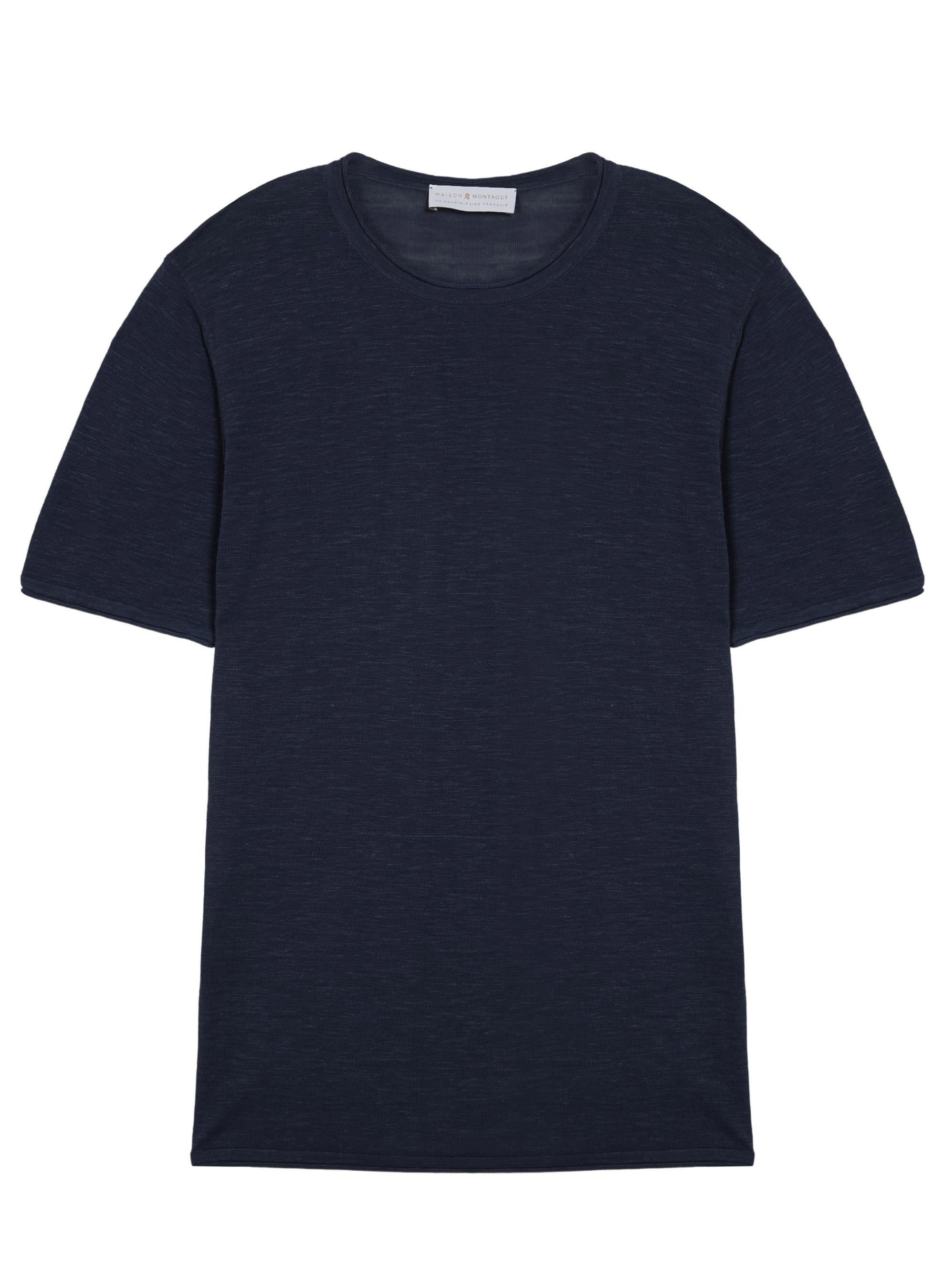  	T-shirt col rond en lin flammé - Renaud 7640 marine - 05 Bleu marine