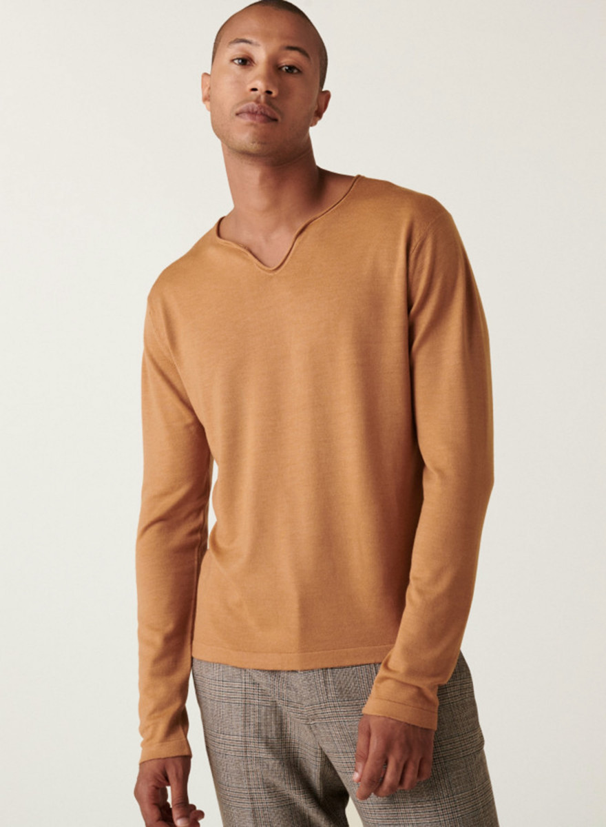 Merino wool sweater with Tunisian collar with logo - Etan