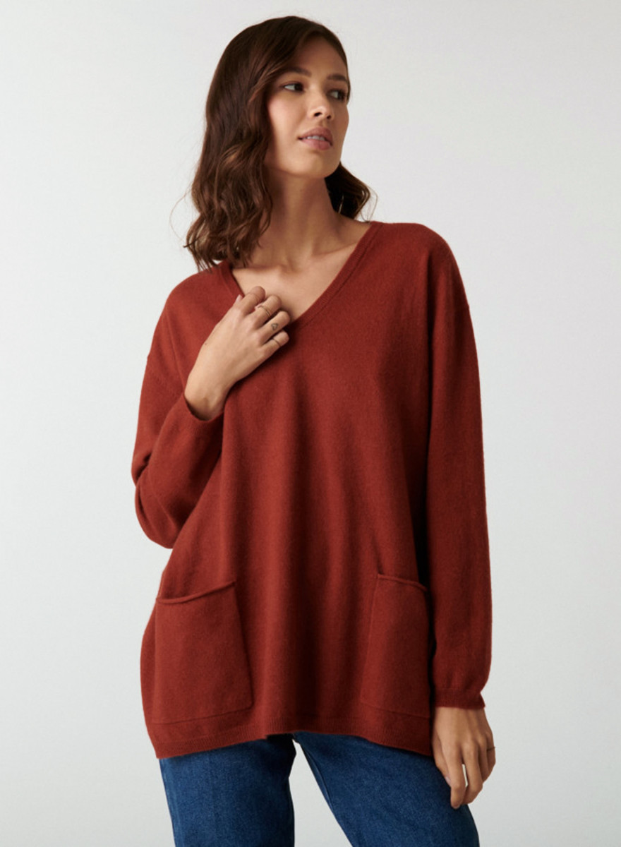 Pull col V en cachemire à fentes côtés - Accacia 7461 cognac - 92 Rouille