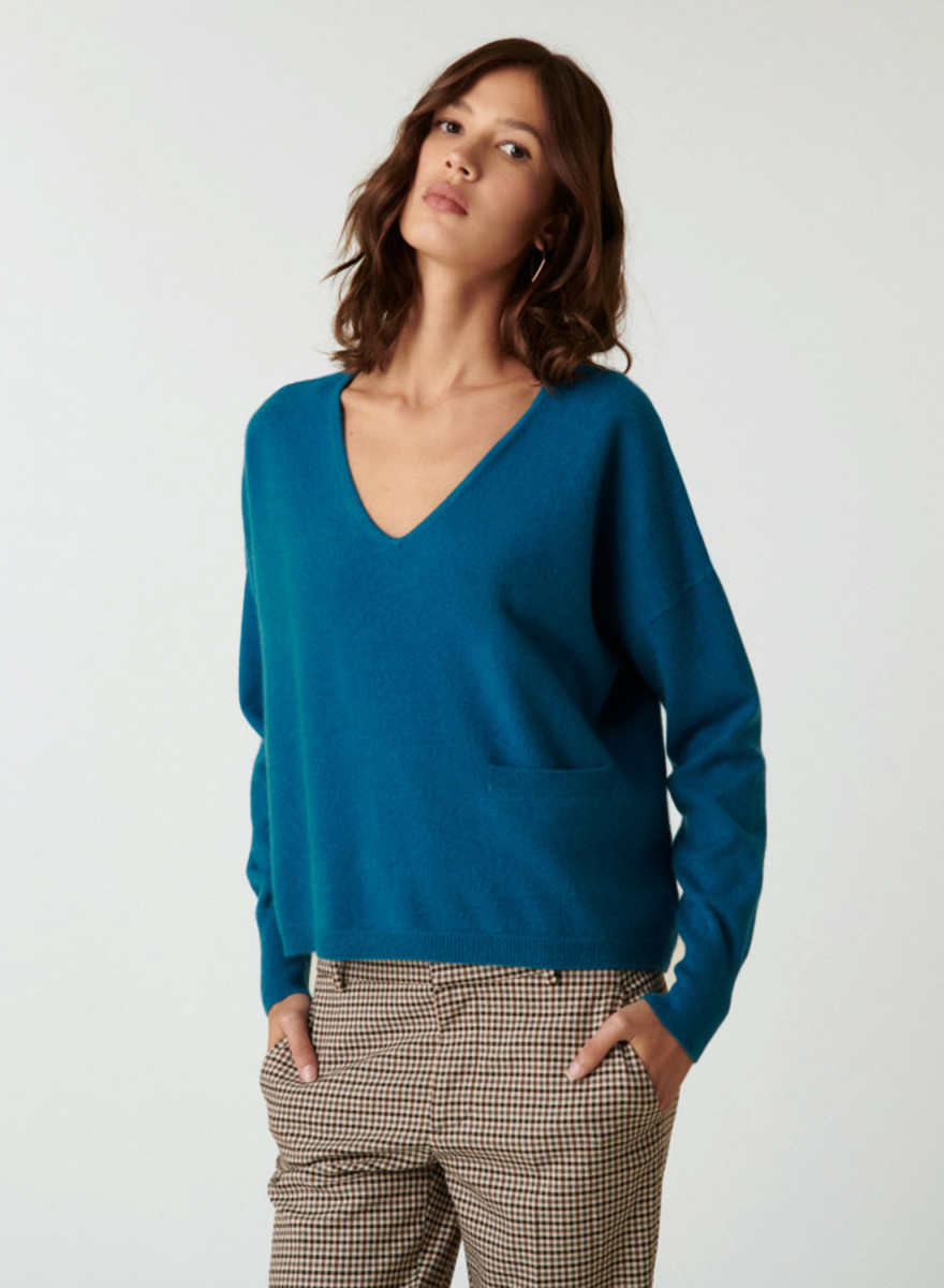 Short cashmere V-neck sweater with pockets - Balba