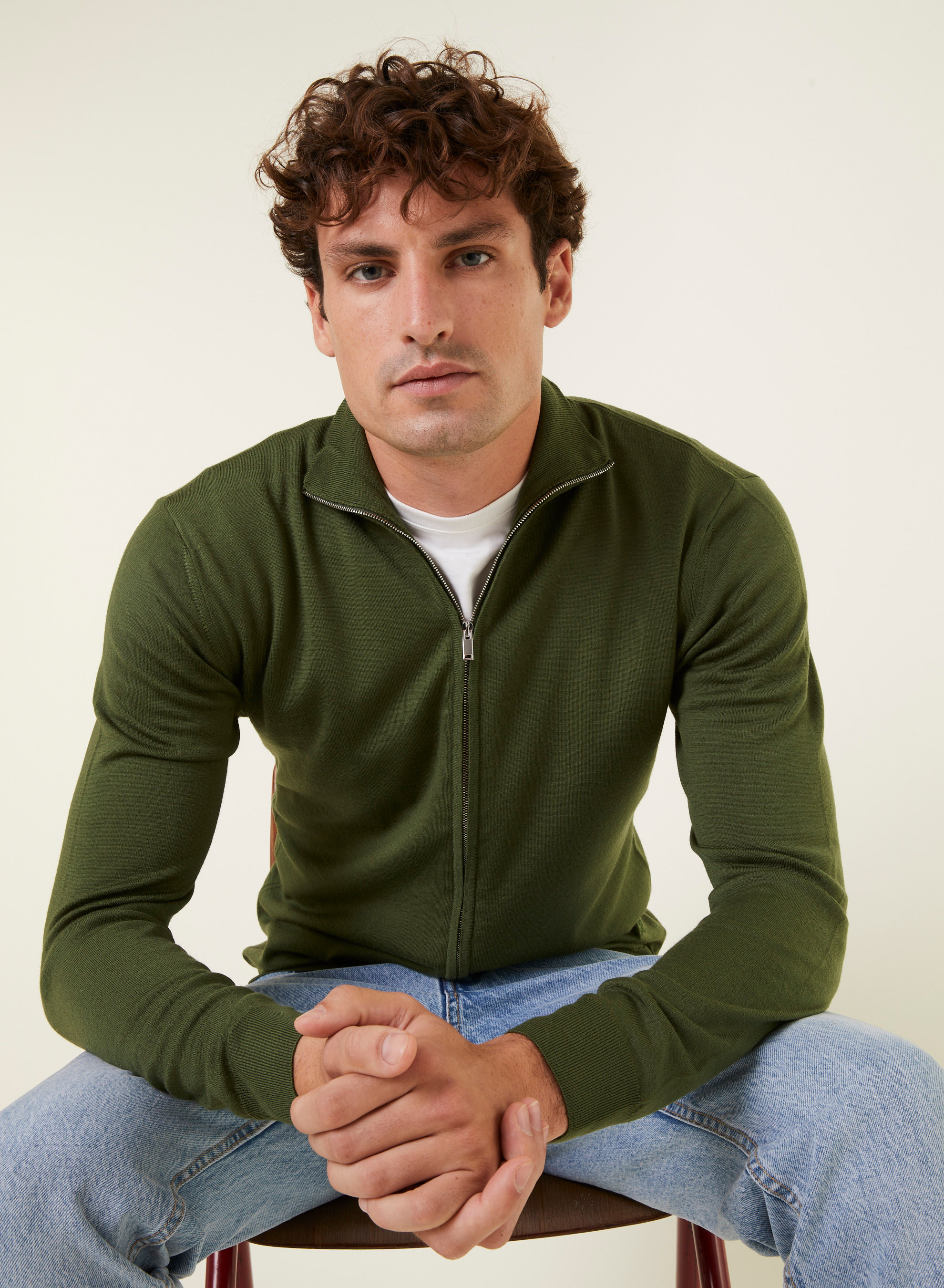 Gilet zippé avec logo en laine mérinos - Estian 7850 foret - 83 Kaki