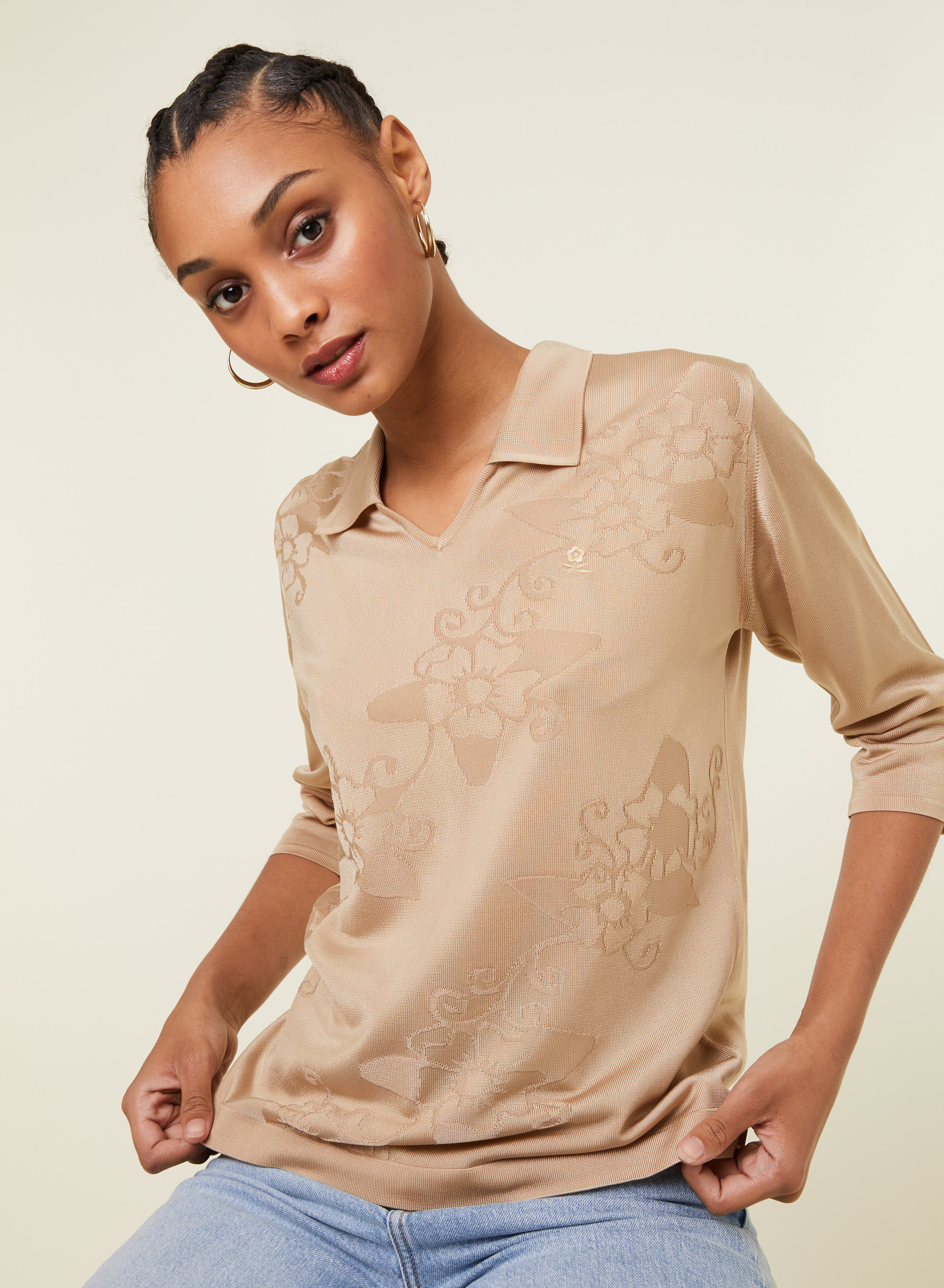 Polo Fil Lumière manches coudes à motifs - Emy 4885 speculos - 13 Beige moyen