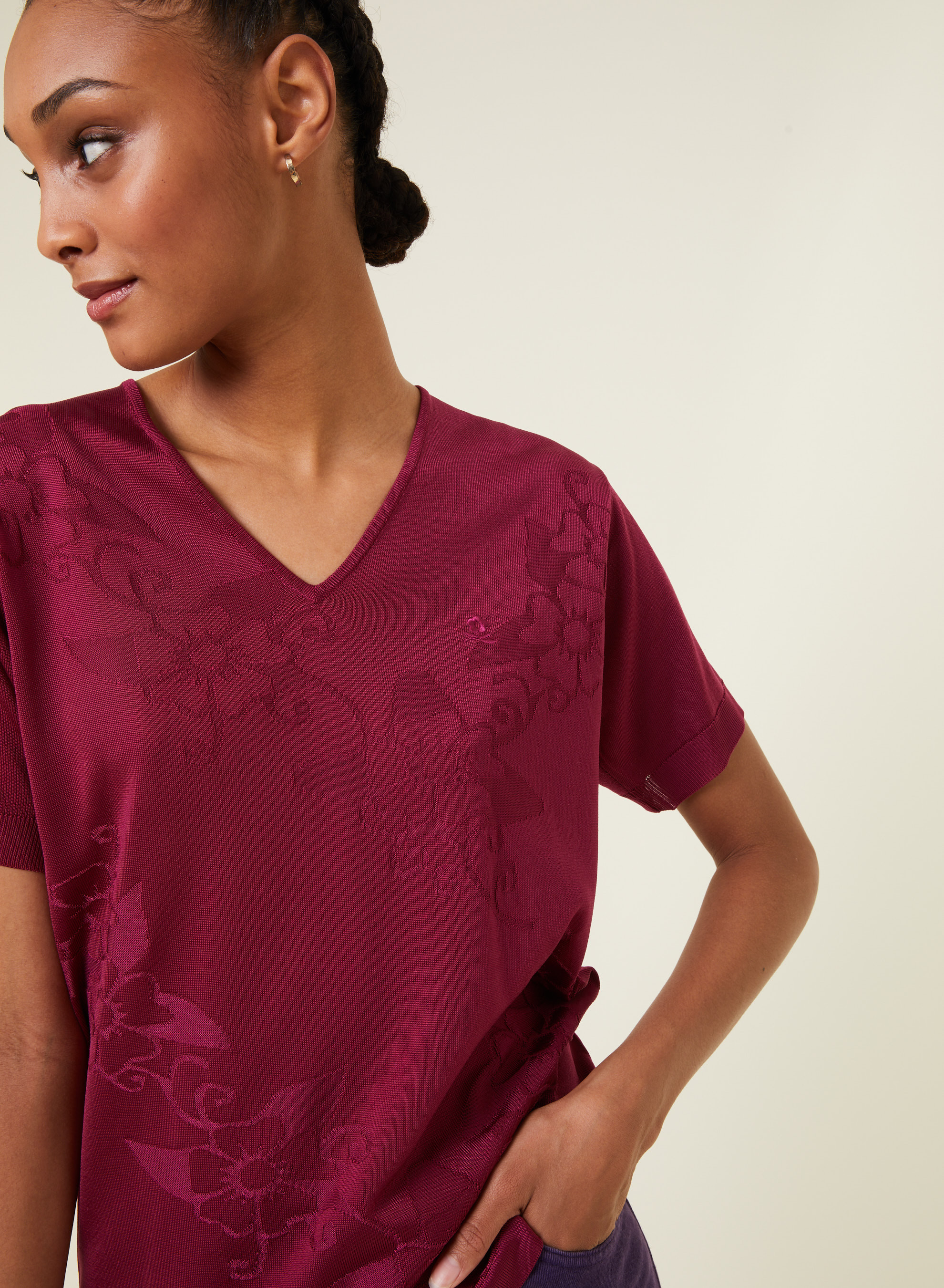 T-shirt col V Fil Lumière manches courtes à motifs - Elise 0915 tulipe - 26 Rose foncé