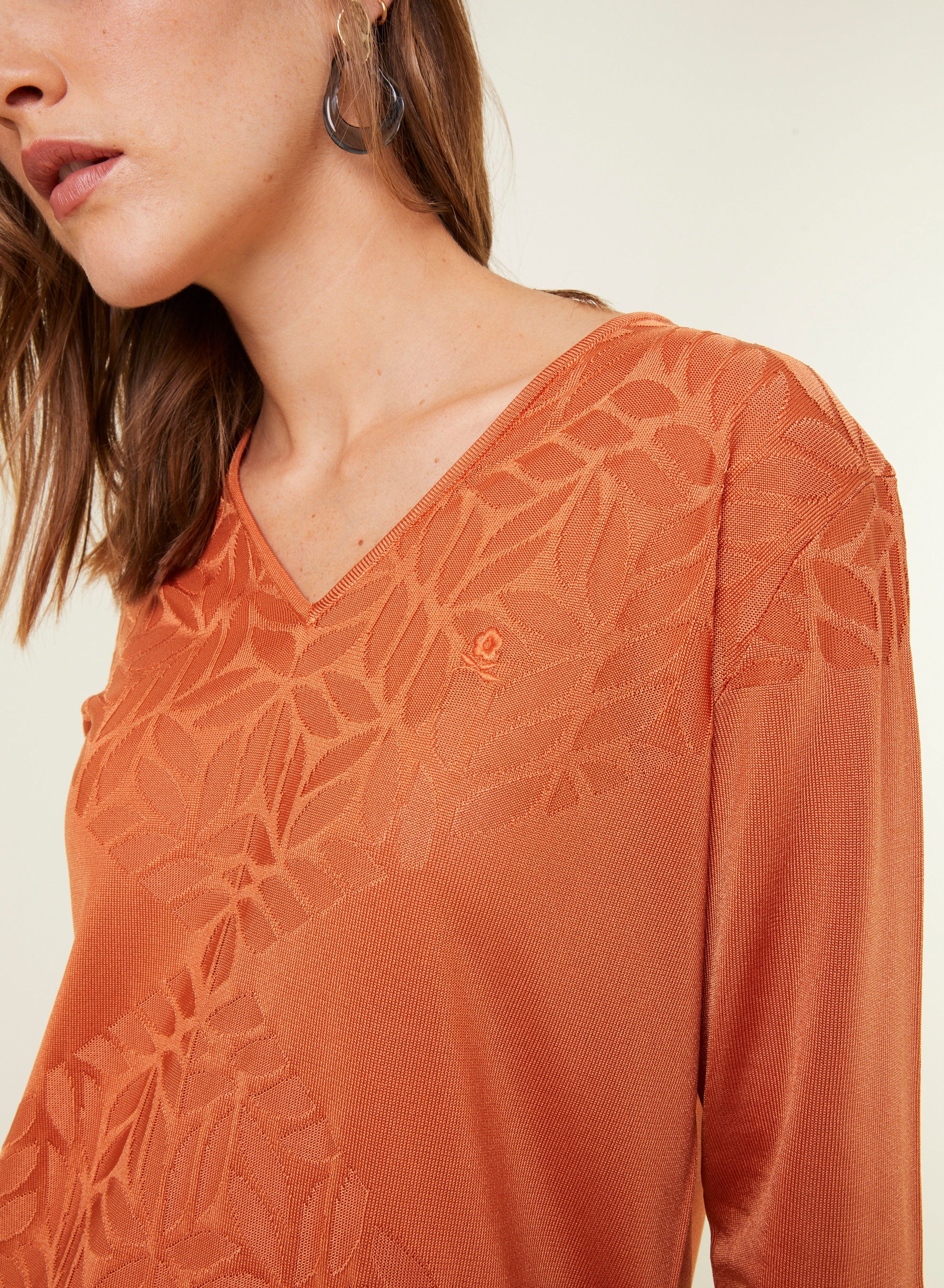 T-shirt col V manches coudes en Fil Lumière - Elsa 0921 capucine - 15 Orange