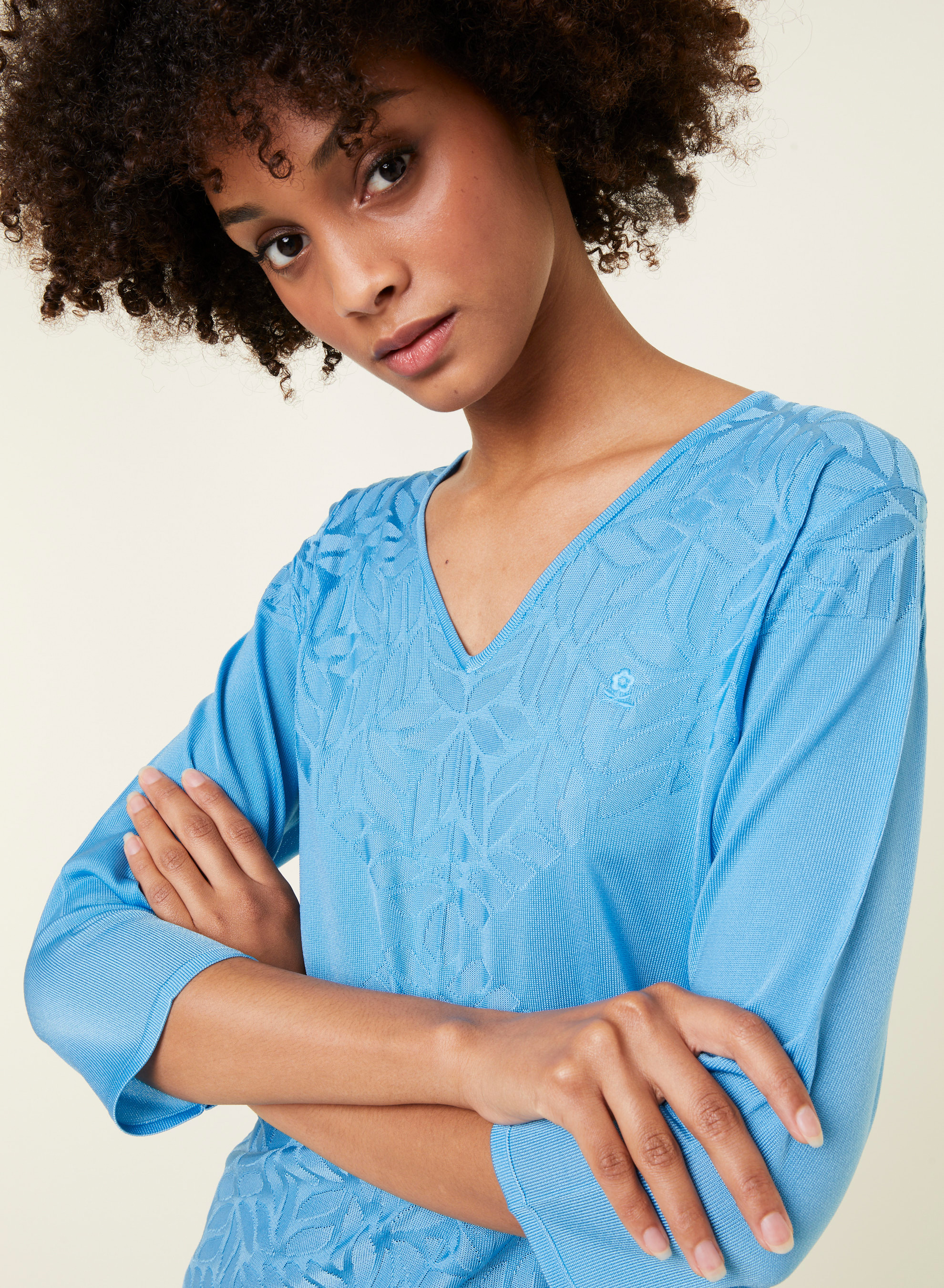 T-shirt col V manches coudes en Fil Lumière - Elsa 0996 lac - 04 Bleu clair