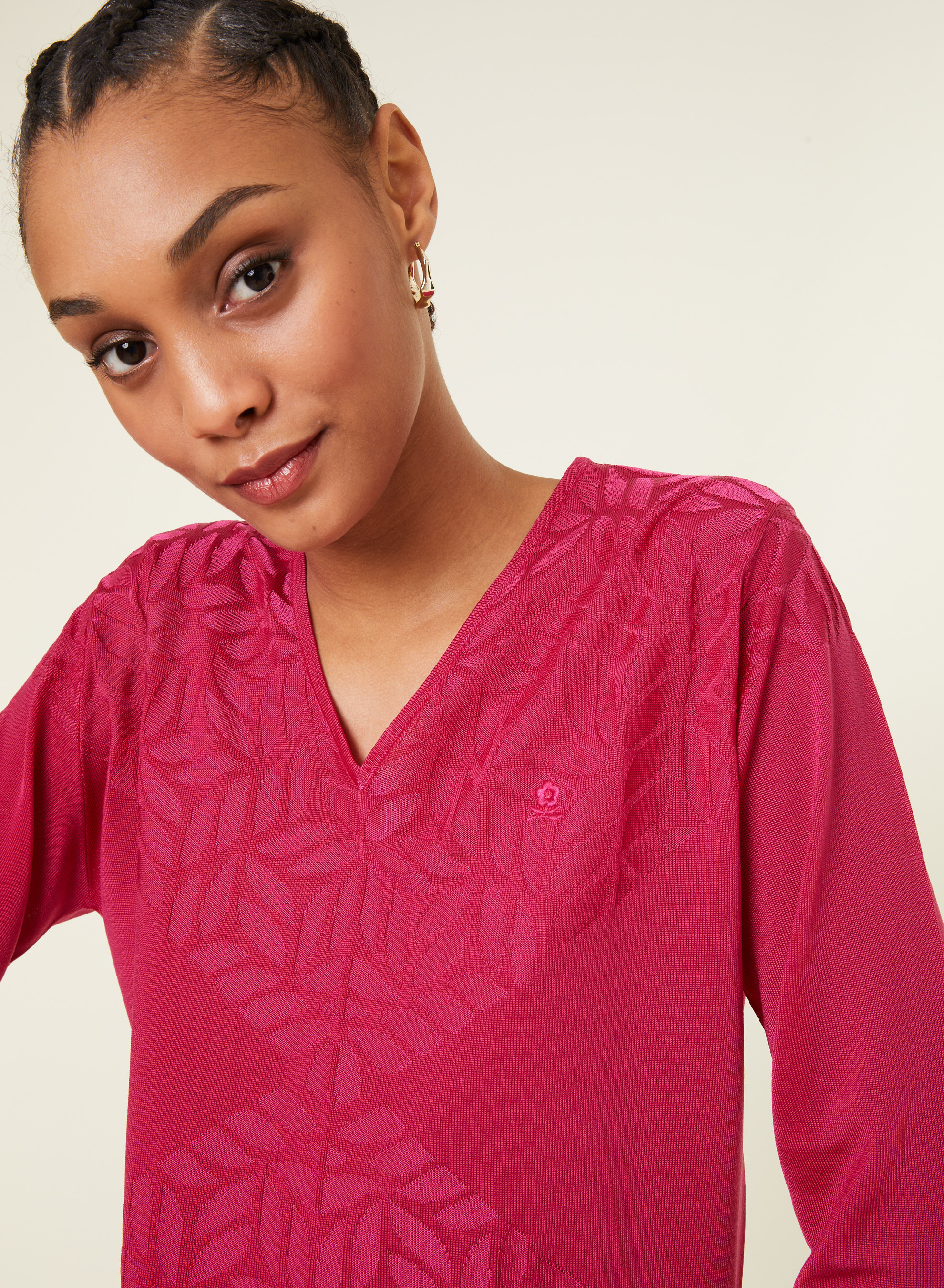 V-neck T-shirt with elbow-length sleeves in Fil Lumière - Elsa