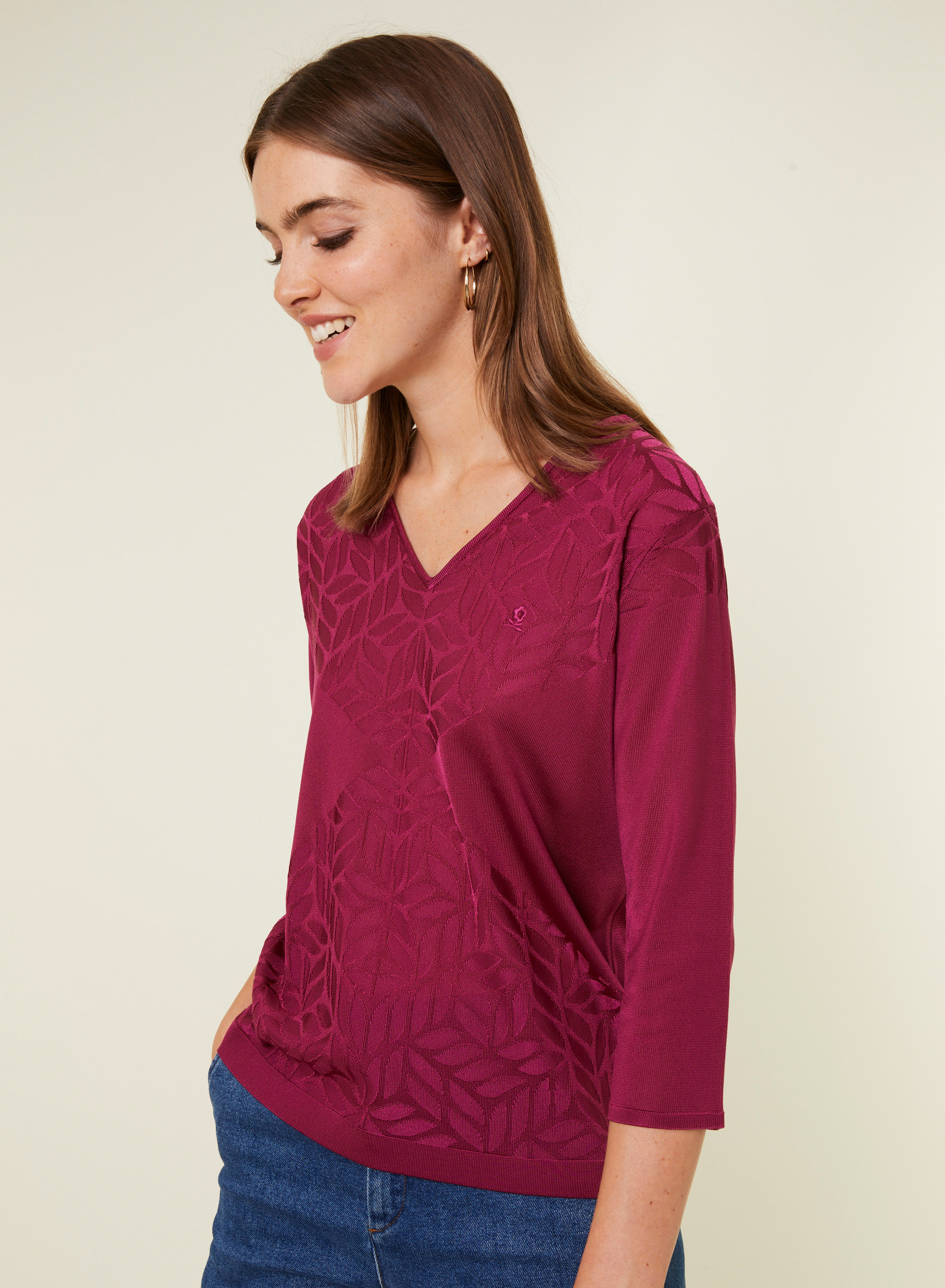 T-shirt col V manches coudes en Fil Lumière - Elsa 0915 tulipe - 26 Rose foncé