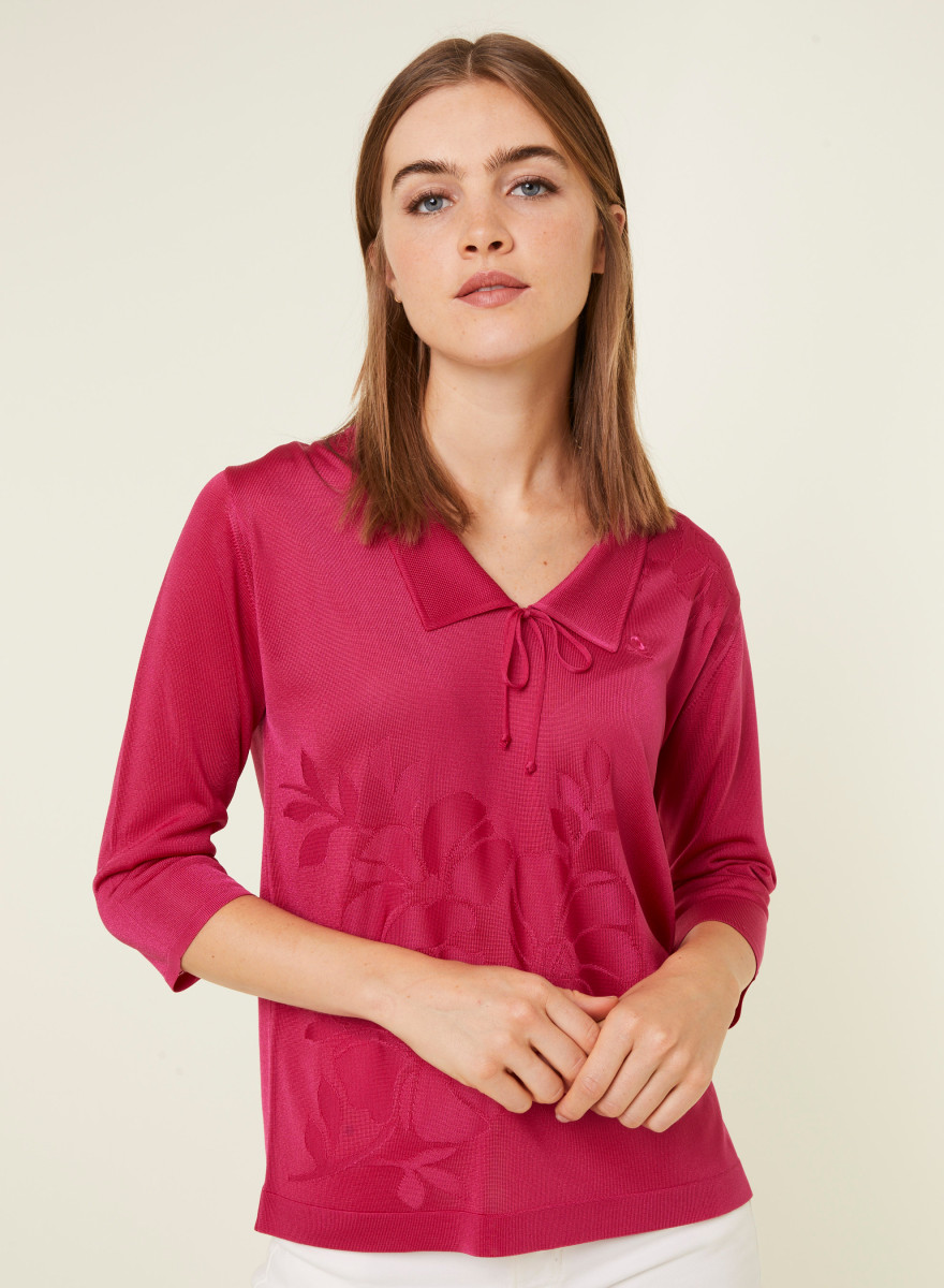 Camisa polo com gola amarrada e mangas curtas em Fil Lumière - Enora