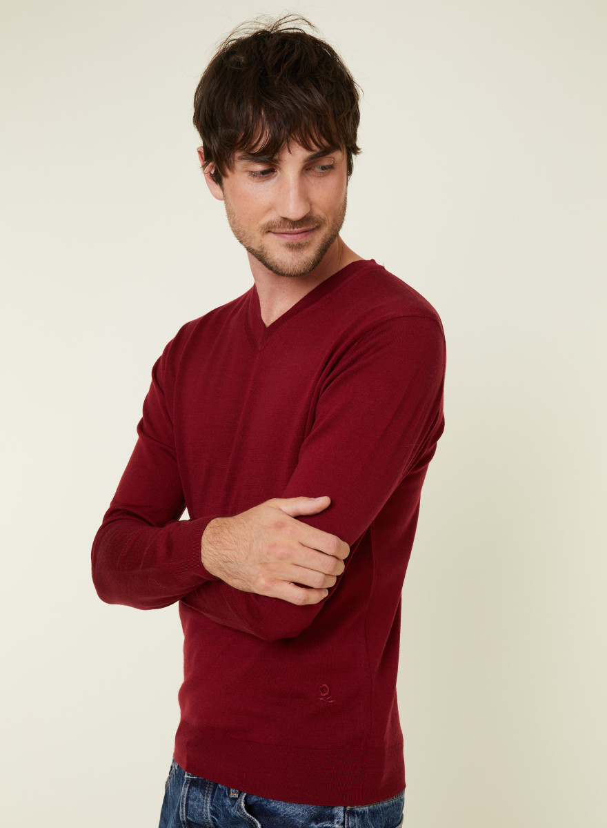 V-neck sweater with logo in merino wool - Elmo