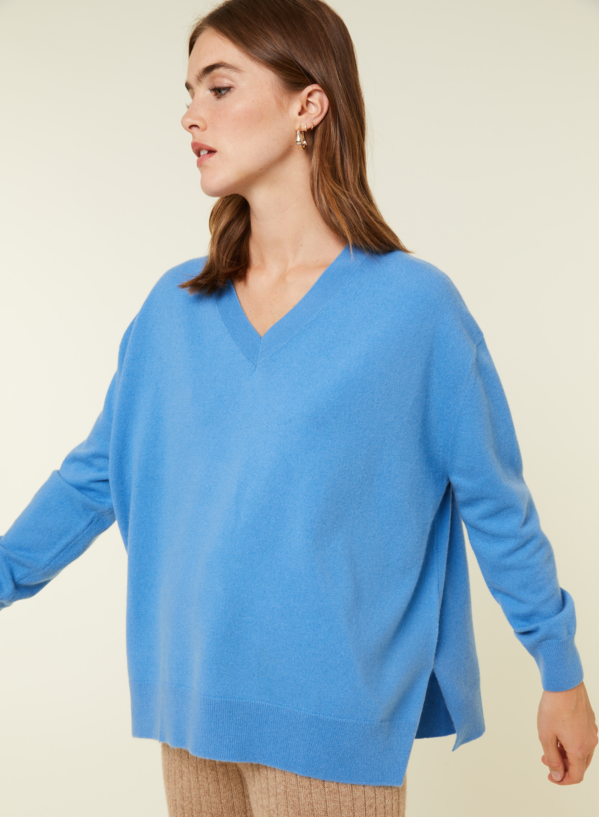 Pull ample à fentes col V en cachemire - Alienor 7870 ecureuil - 92 Rouille