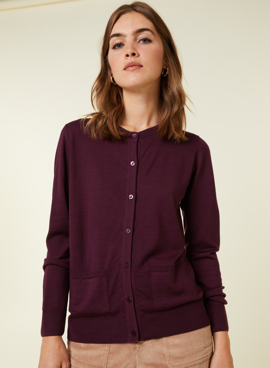 Cardigan boutonné col rond à poches en laine mérinos - Amalia 7850 foret - 83 Kaki