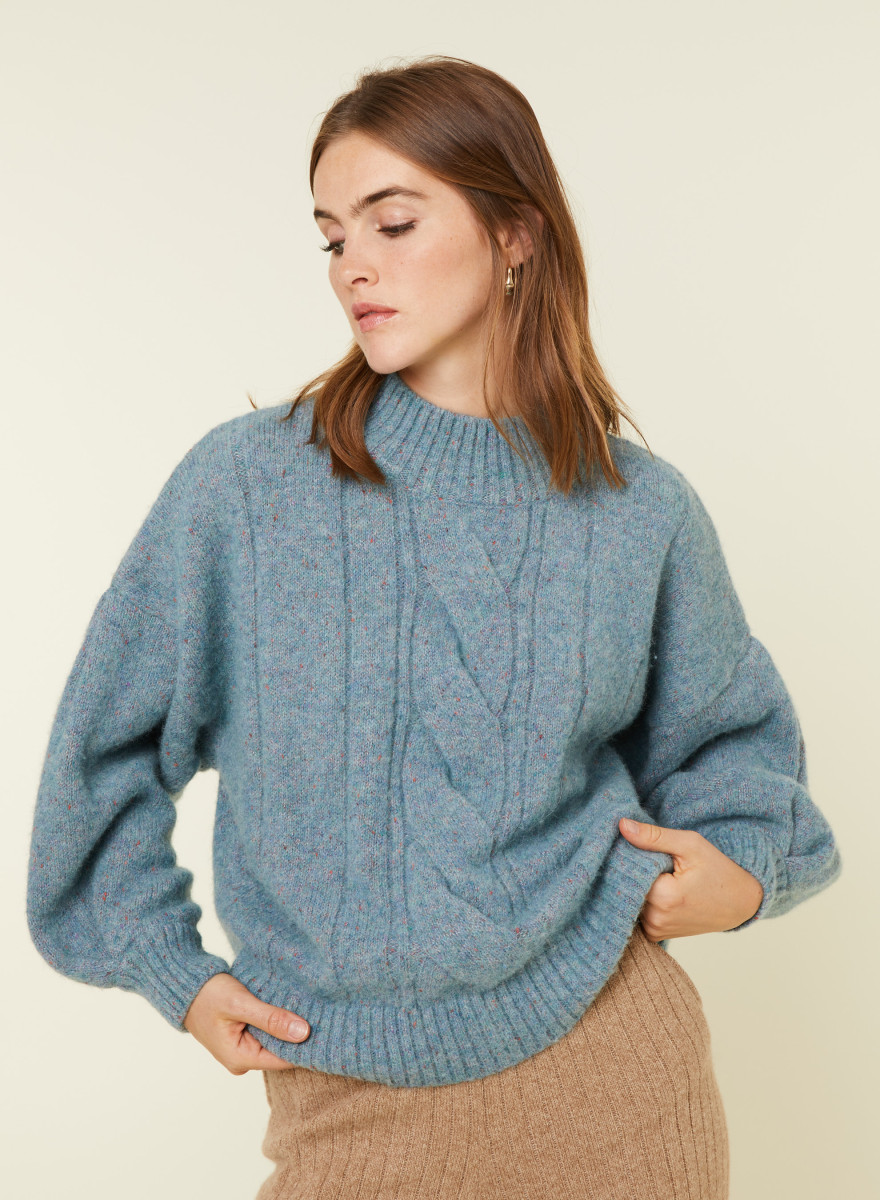 Pull ras de cou chiné en laine mélangée - Laetitia 7843 pacifique chine - 06 Bleu moyen