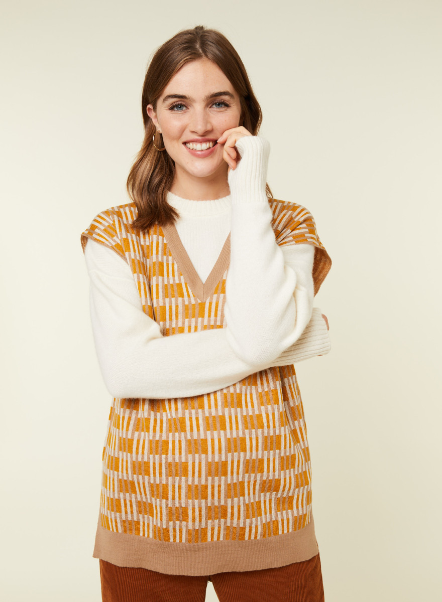 Pull col V à motifs en laine mérinos sans manches - Ganael