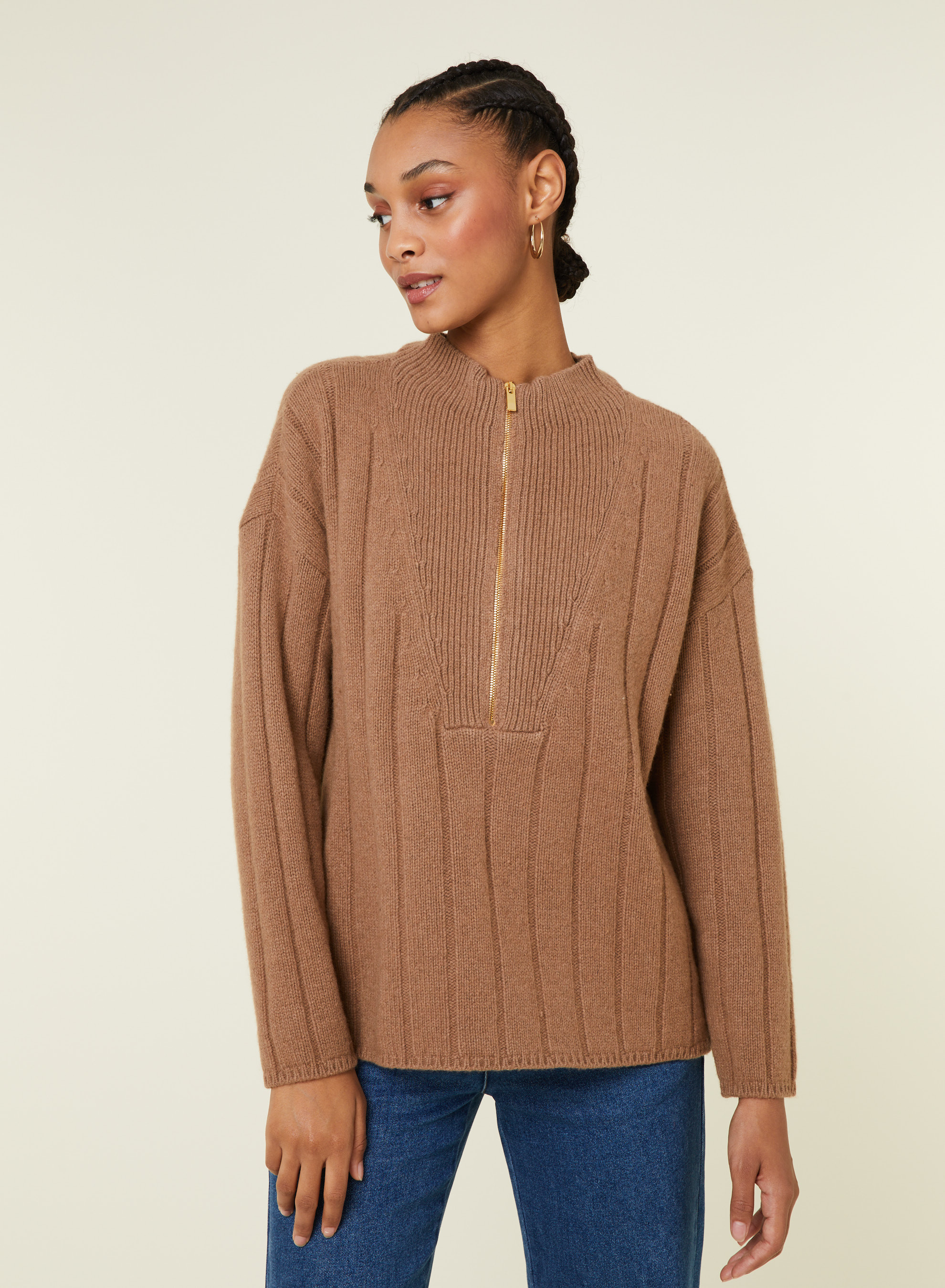 Pull col montant zippé en cachemire et laine recyclés - Lodric 7820 camel - 88 Camel