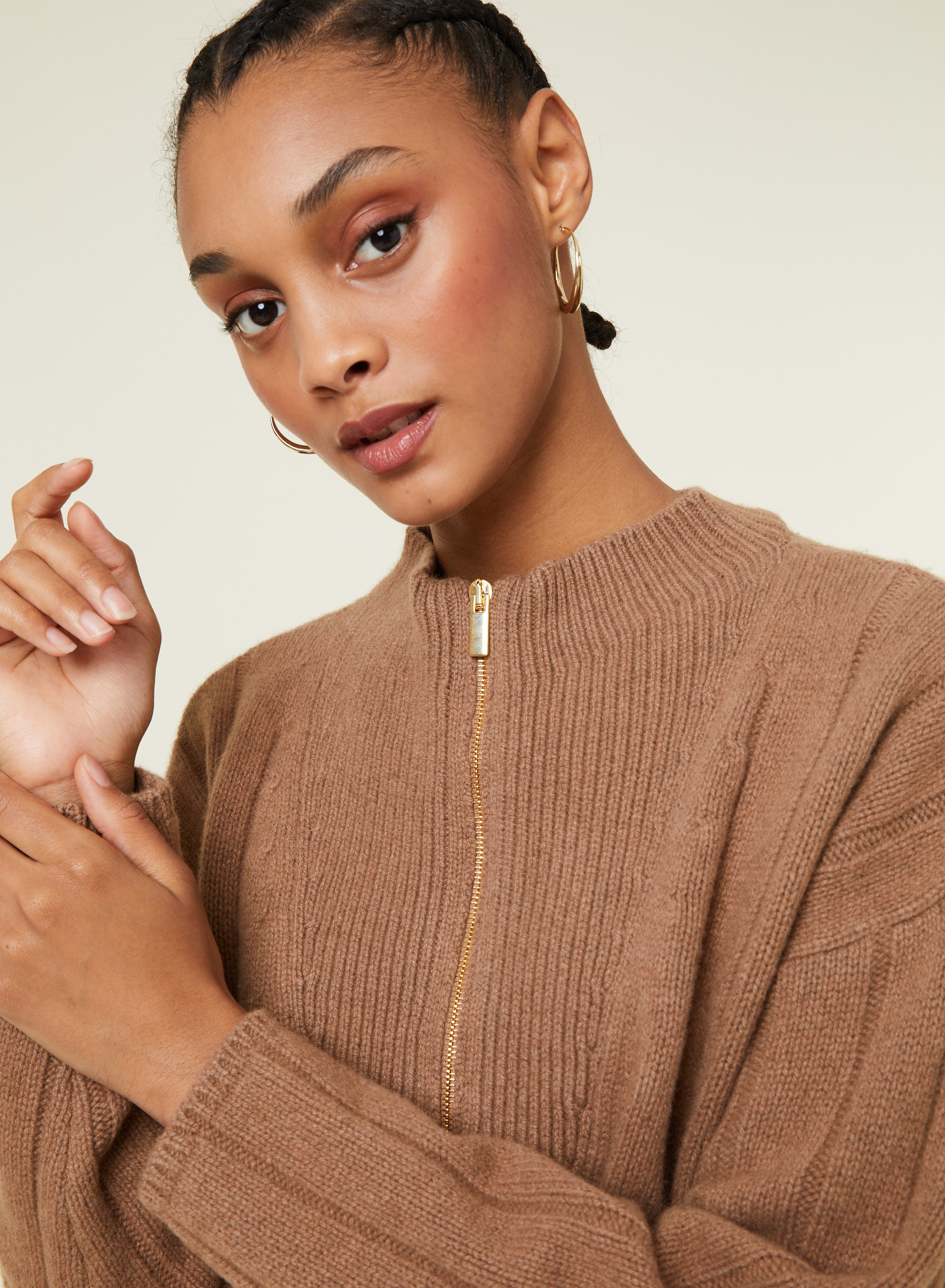 Pull col montant zippé en cachemire et laine recyclés - Lodric 7820 camel - 88 Camel