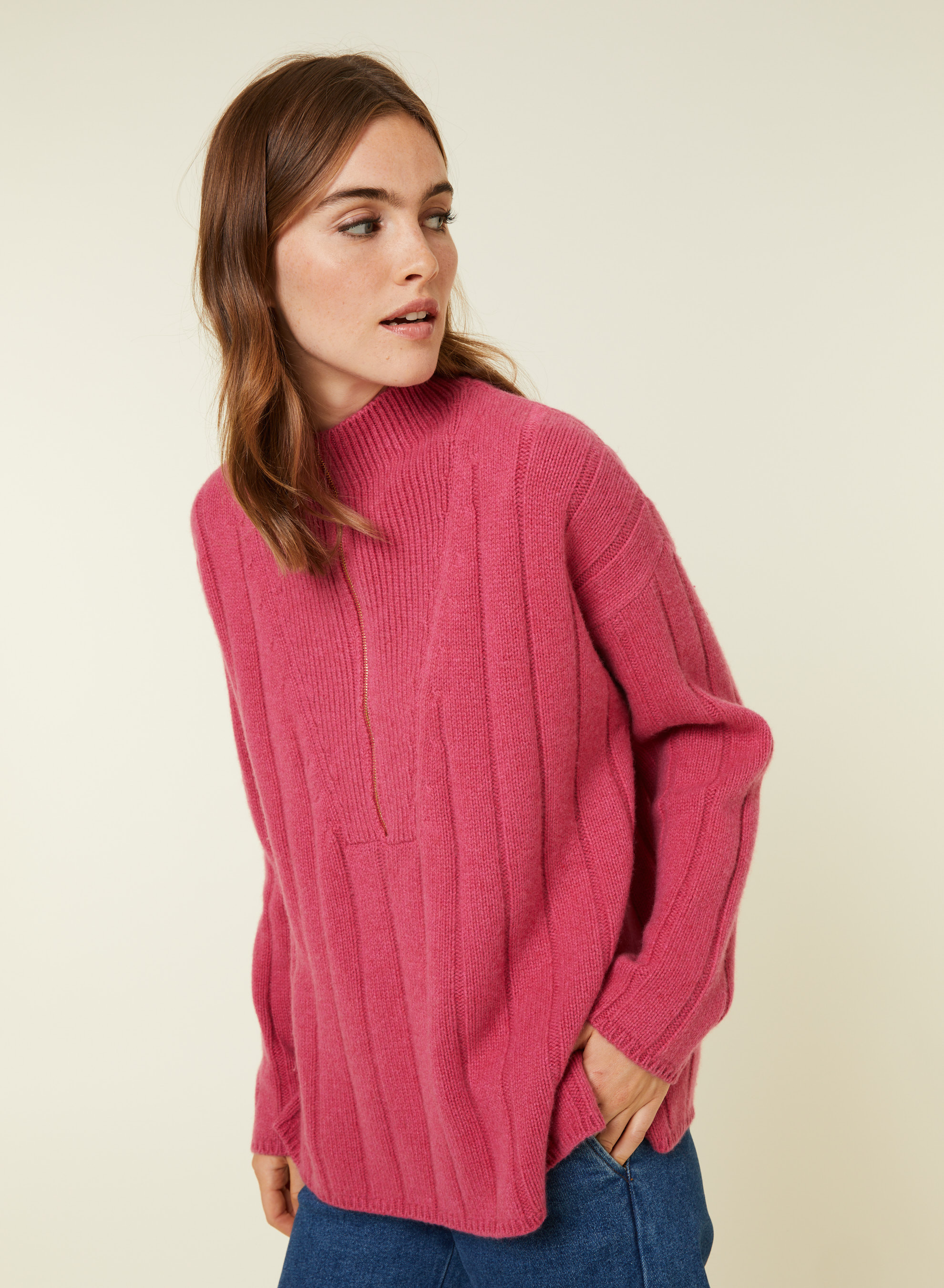 Zipped high-neck sweater in recycled cashmere and wool - Lodric