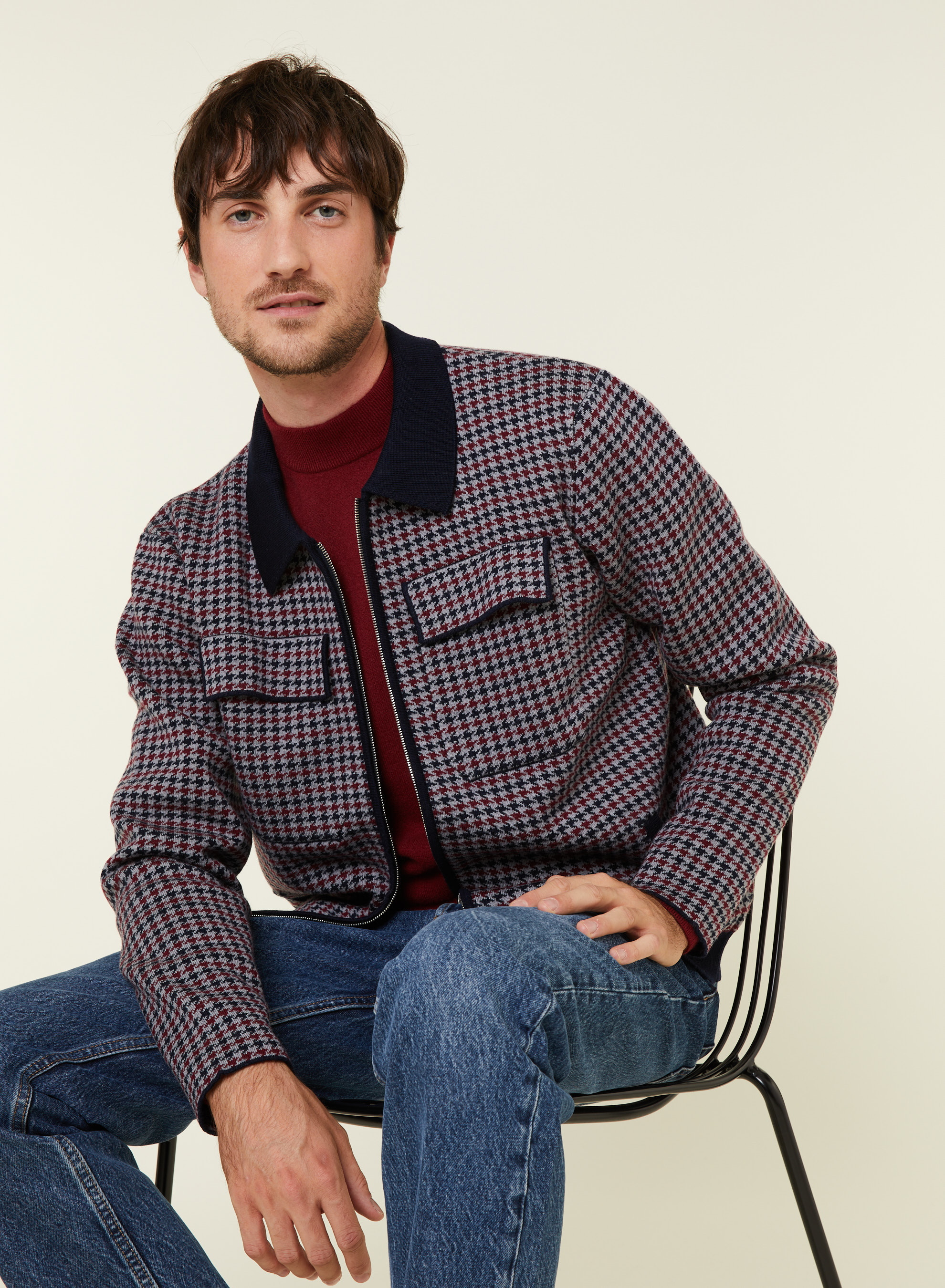 Polo collar jacket with houndstooth patterns in merino wool - Fabien