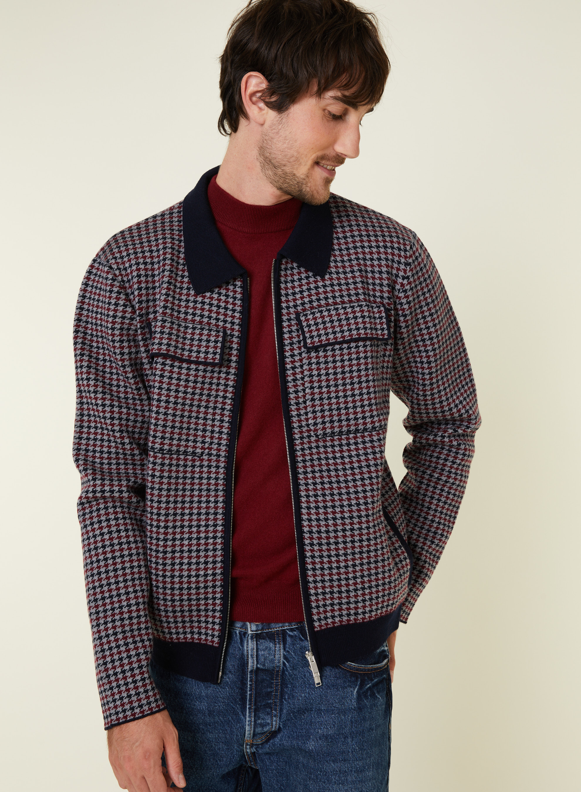 Polo collar jacket with houndstooth patterns in merino wool - Fabien