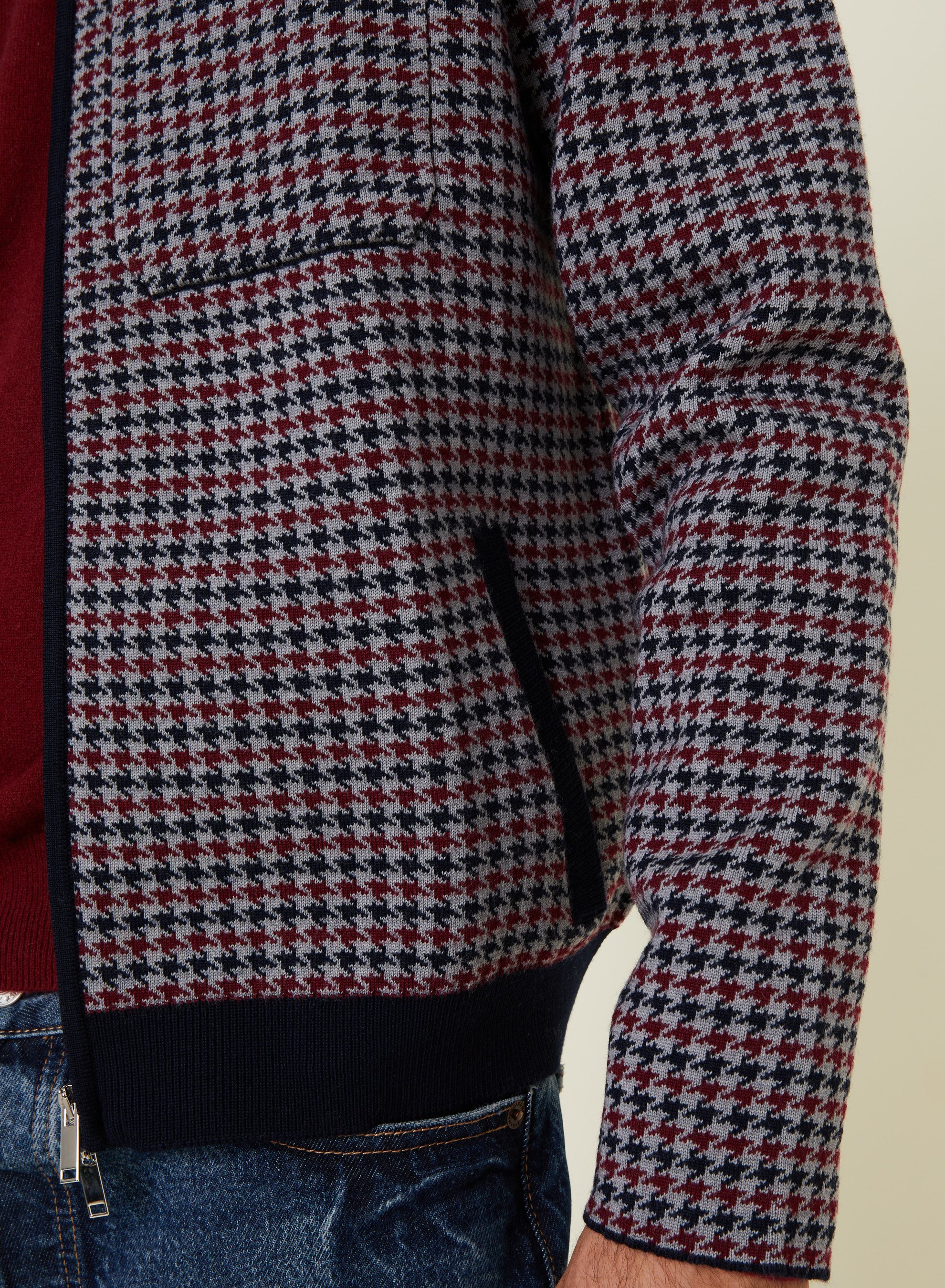 Polo collar jacket with houndstooth patterns in merino wool - Fabien