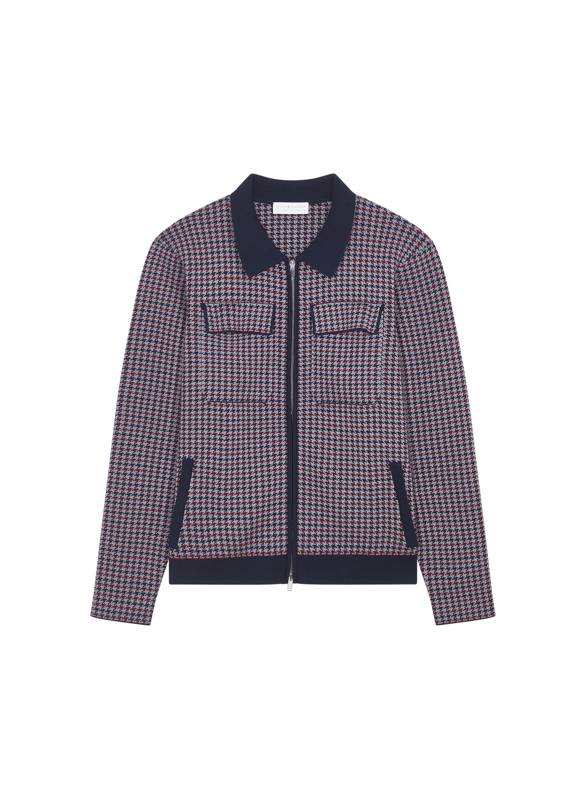 Veste col polo à motifs pied-de-poule en laine mérinos - Fabien