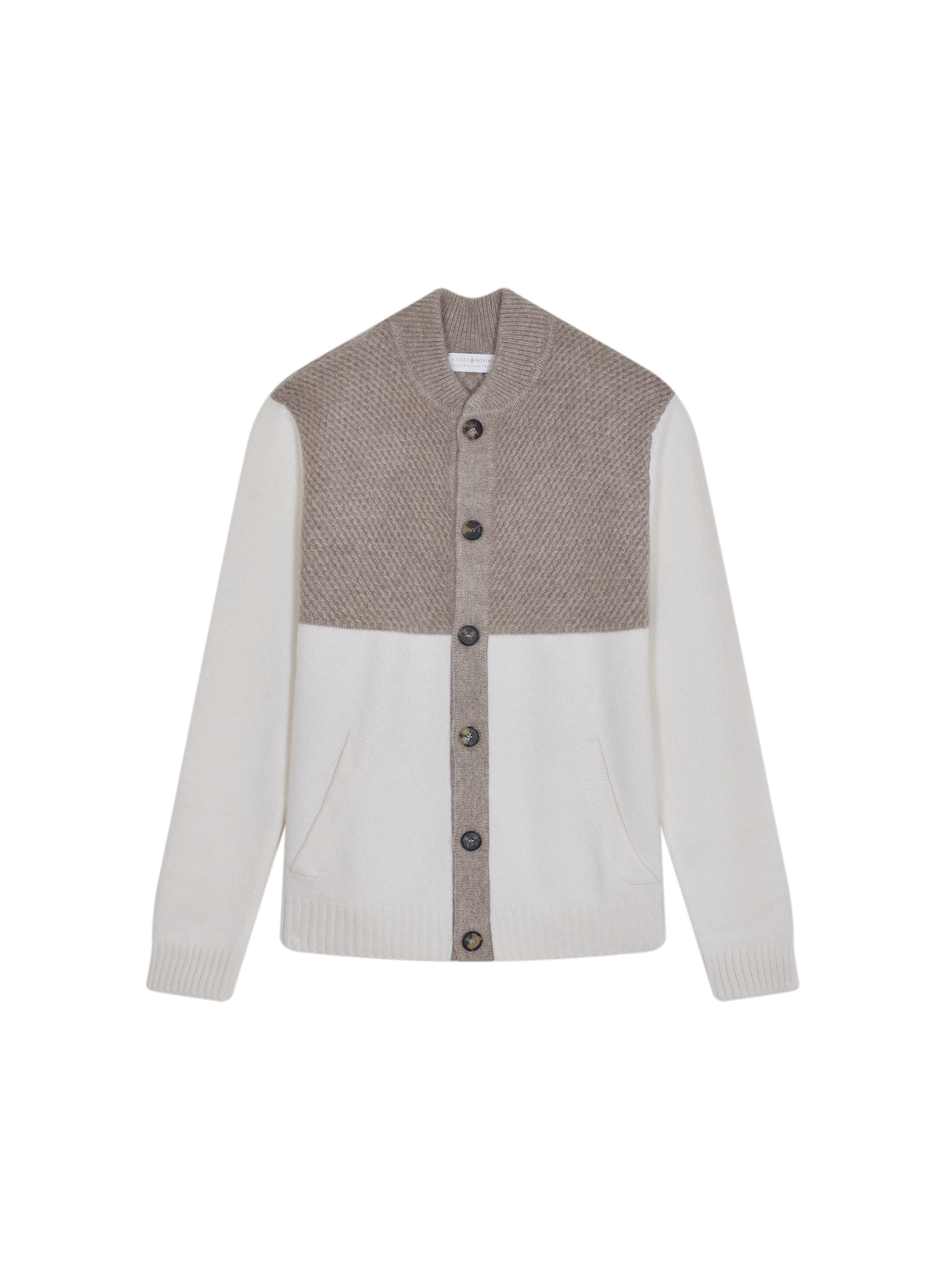 Veste boutonnée à poches en cachemire 4 fils - Farell 7949 ecru/grege - 82 Ecru