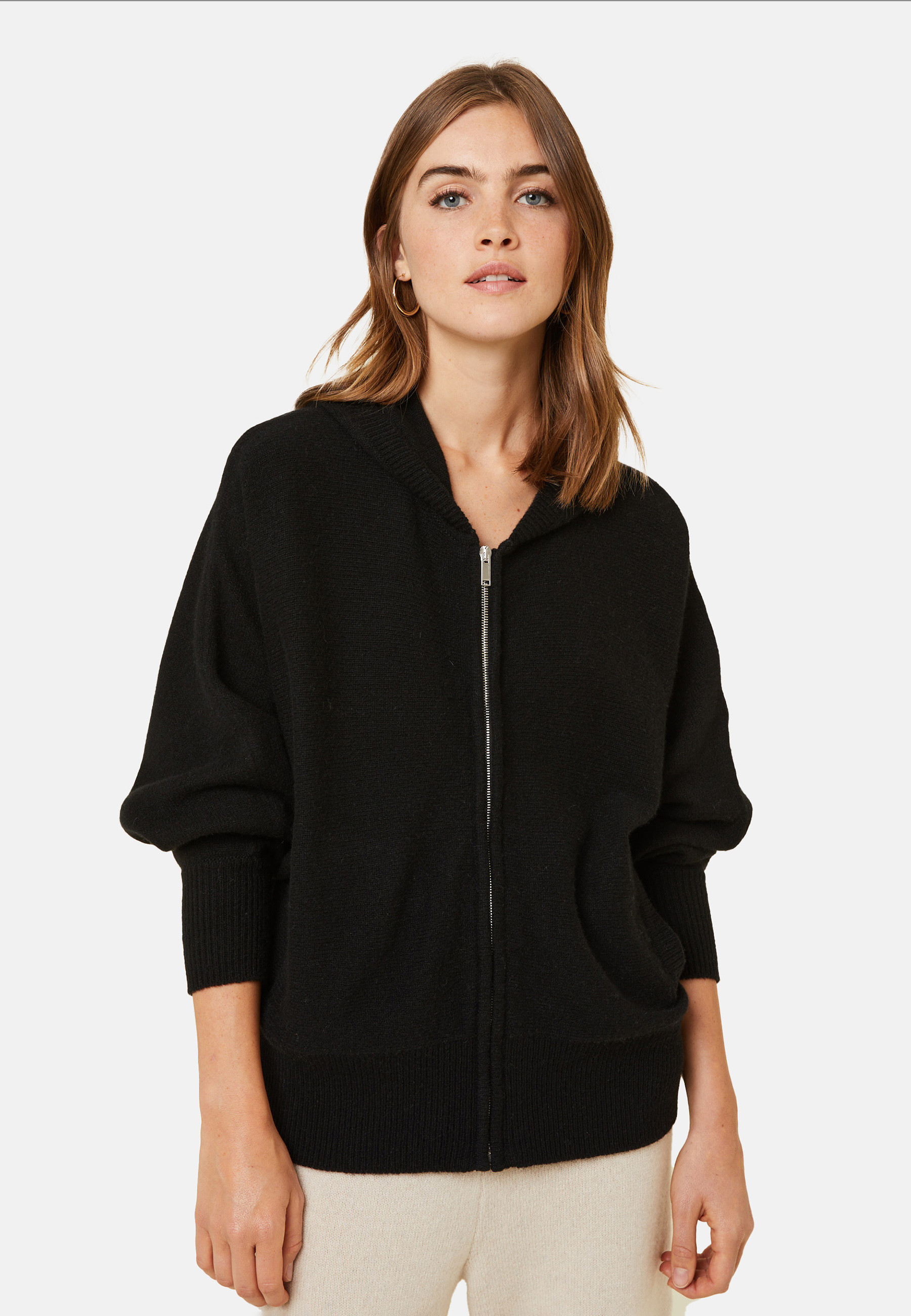 Zipped hoodie with batwing sleeves in recycled cashmere and wool - Albin