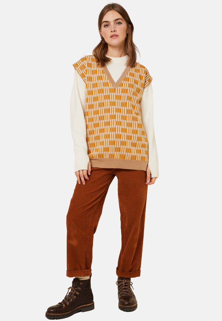 Suéter de lã merino estampada, sem mangas, com decote em V - Ganael