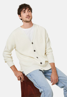 Loose buttoned cardigan with logo in merino wool - Frederic