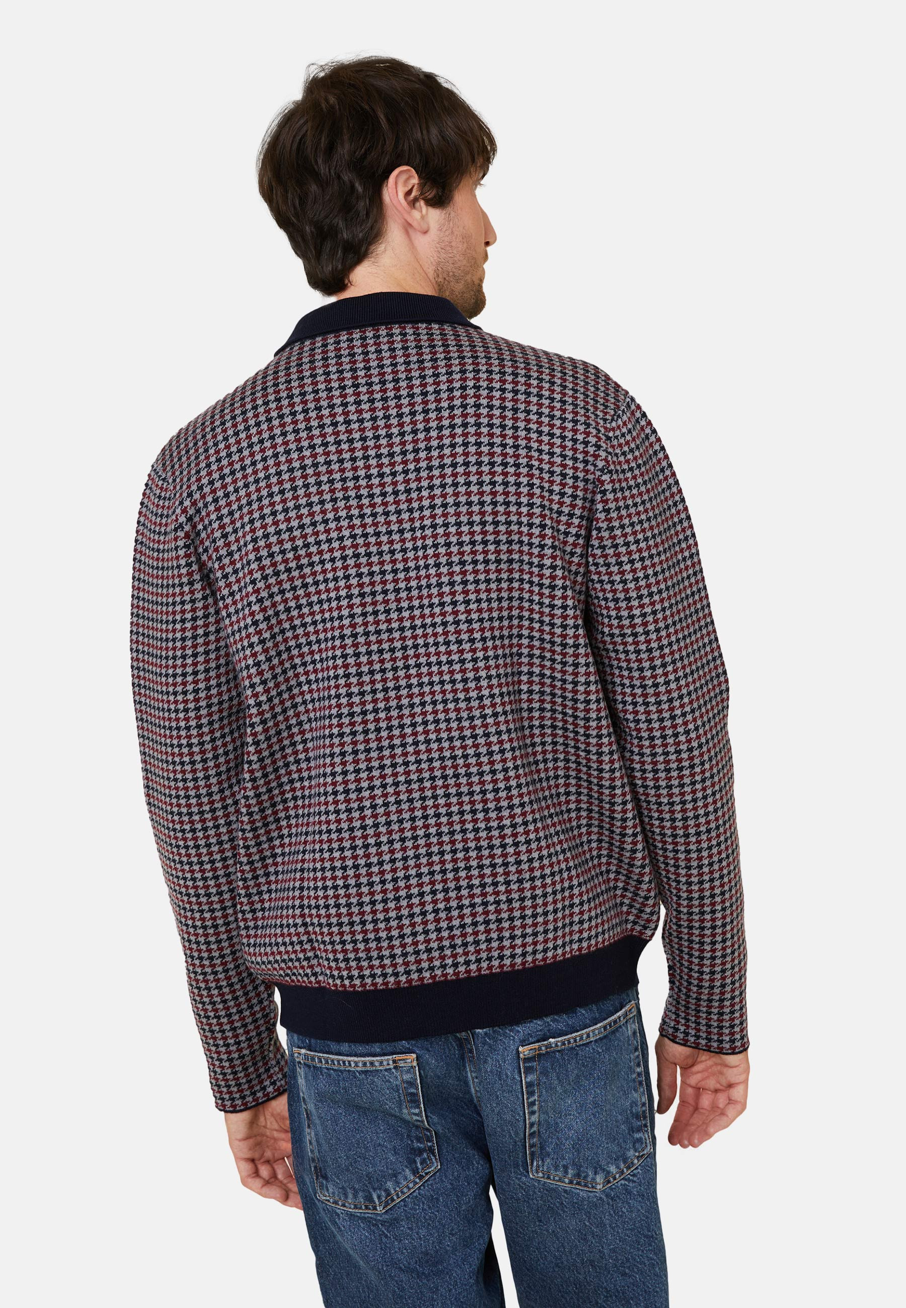 Polo collar jacket with houndstooth patterns in merino wool - Fabien