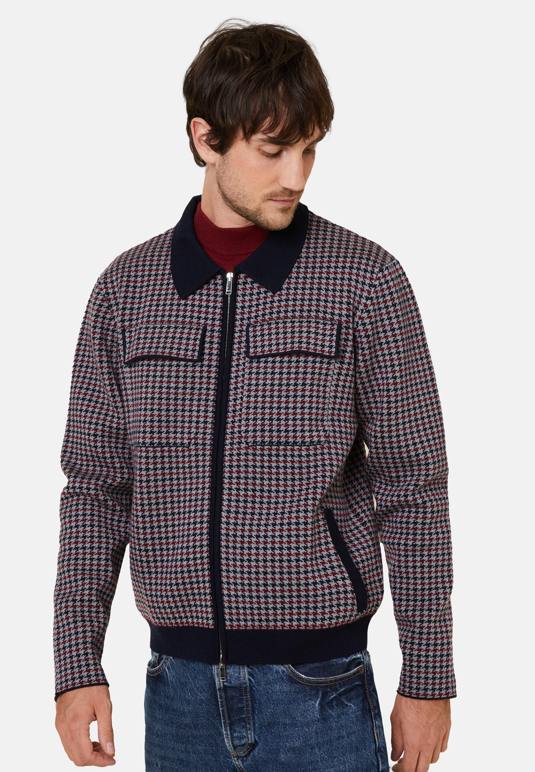 Polo collar jacket with houndstooth patterns in merino wool - Fabien