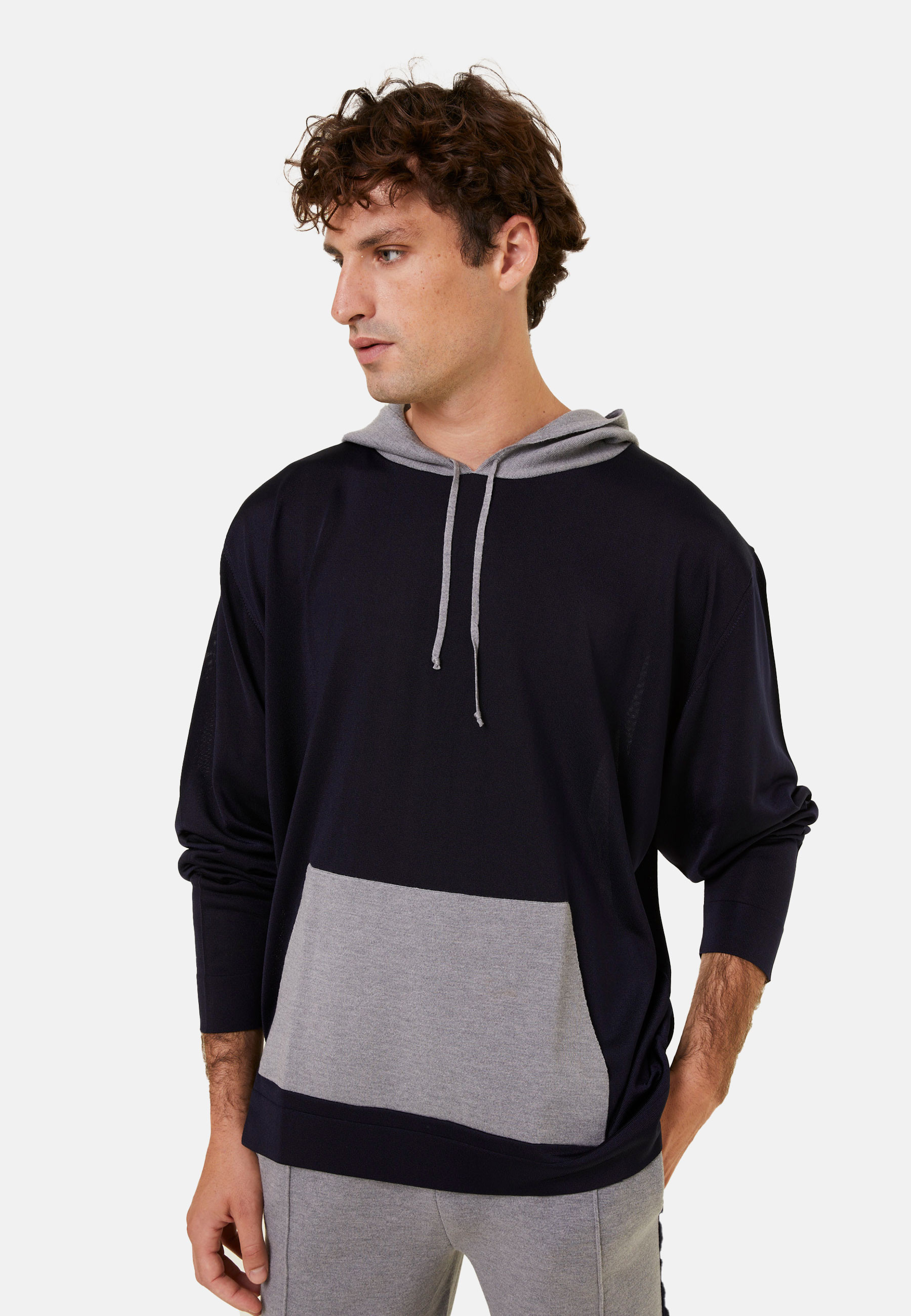 Hooded hoodie with pockets in wool and Fil lumière - Flavien