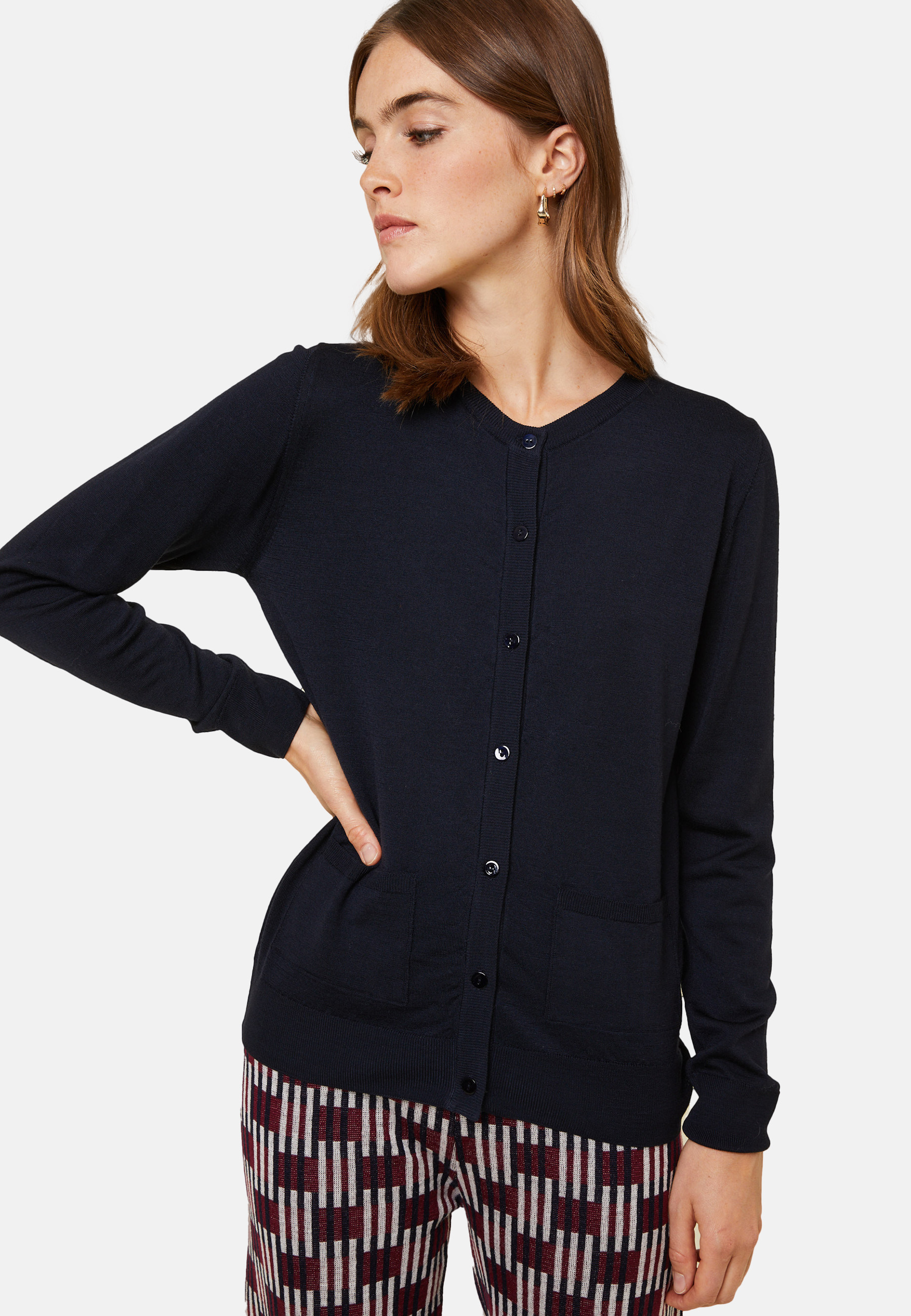 Buttoned round neck cardigan with pockets in merino wool - Amalia