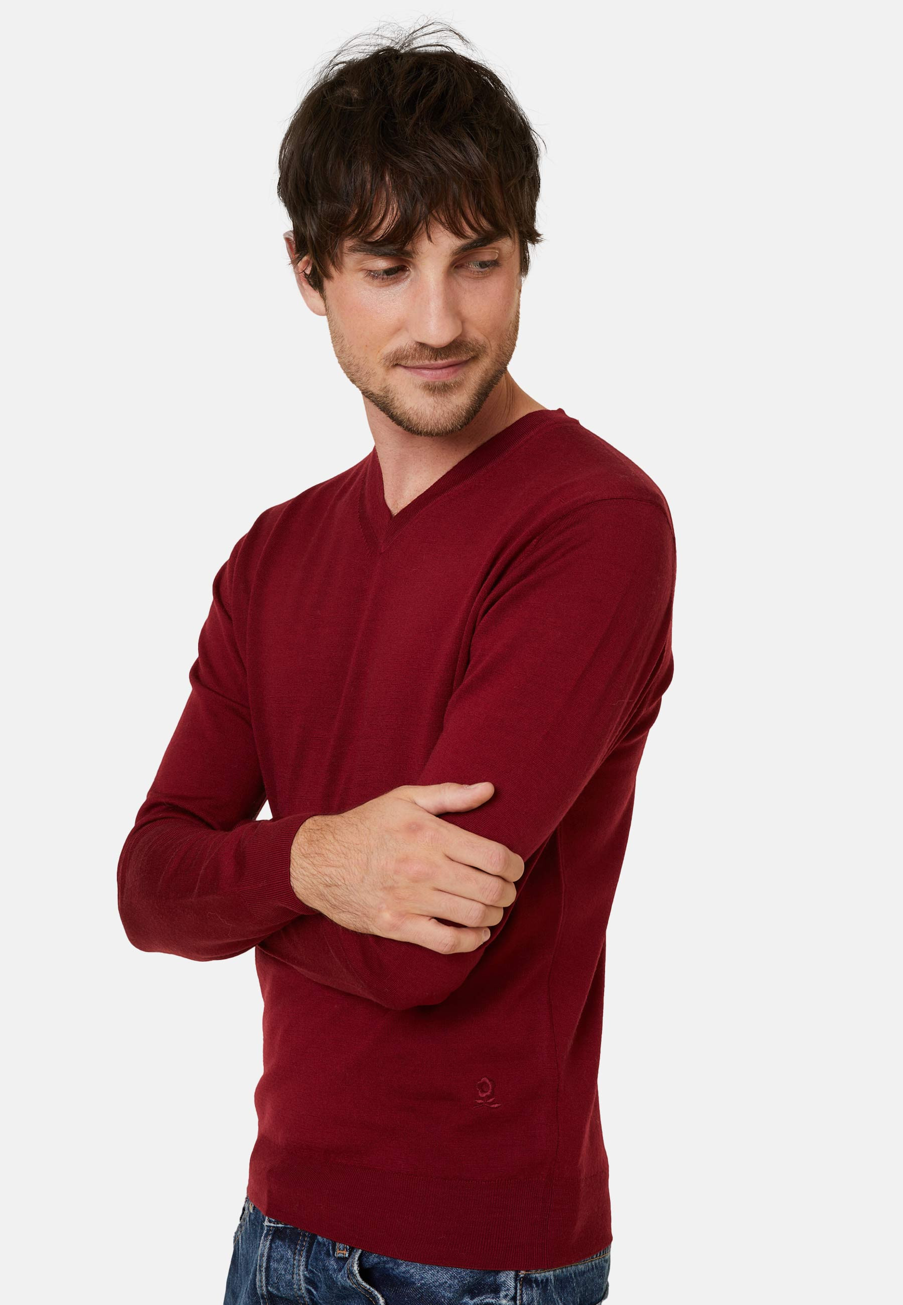 Pull col V avec logo en laine mérinos - Elmo 7881 cerise - 51 Bordeaux