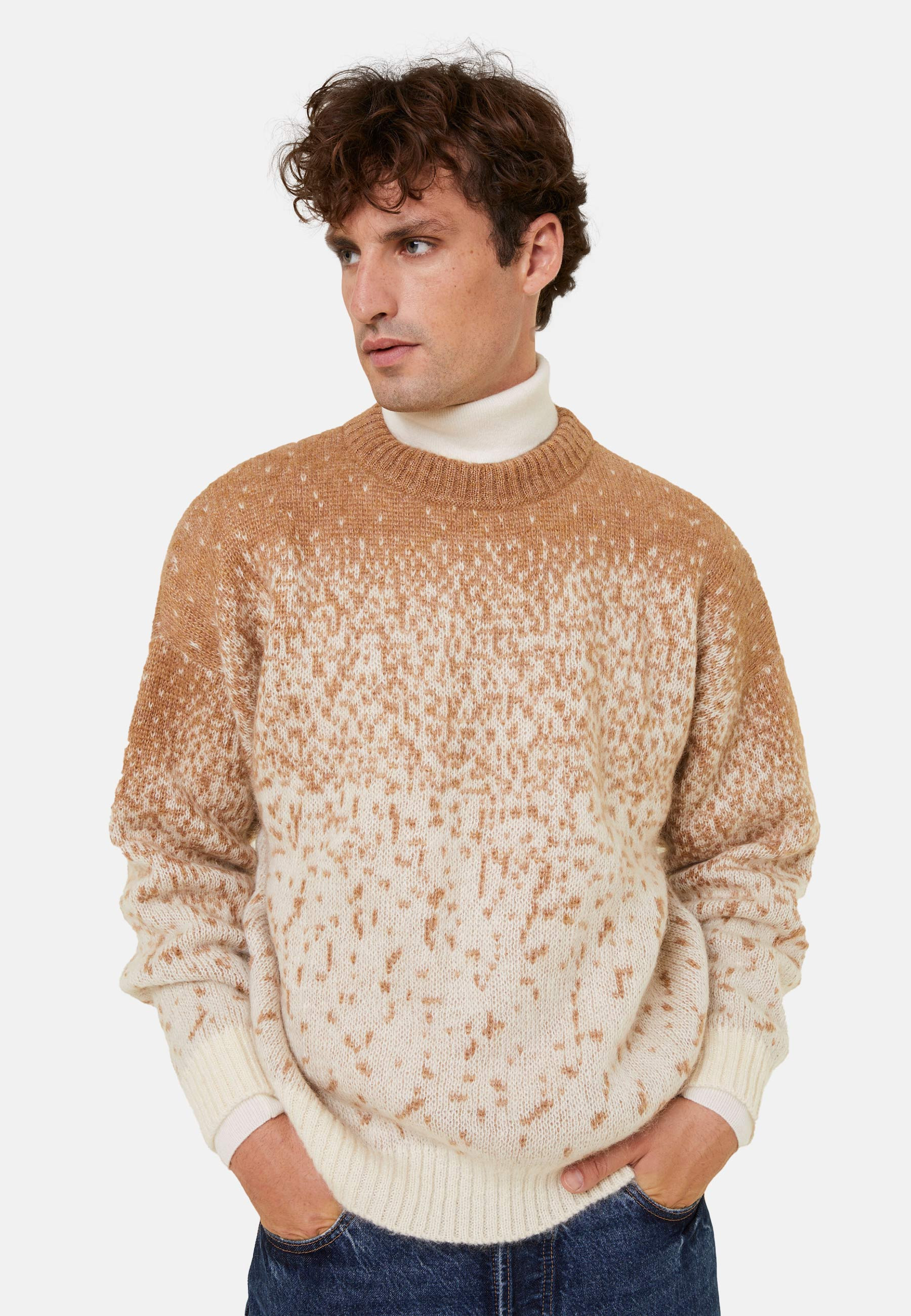 Pull col rond bicolore en mohair - Figaro 7944 ecru/camel - 88 Camel
