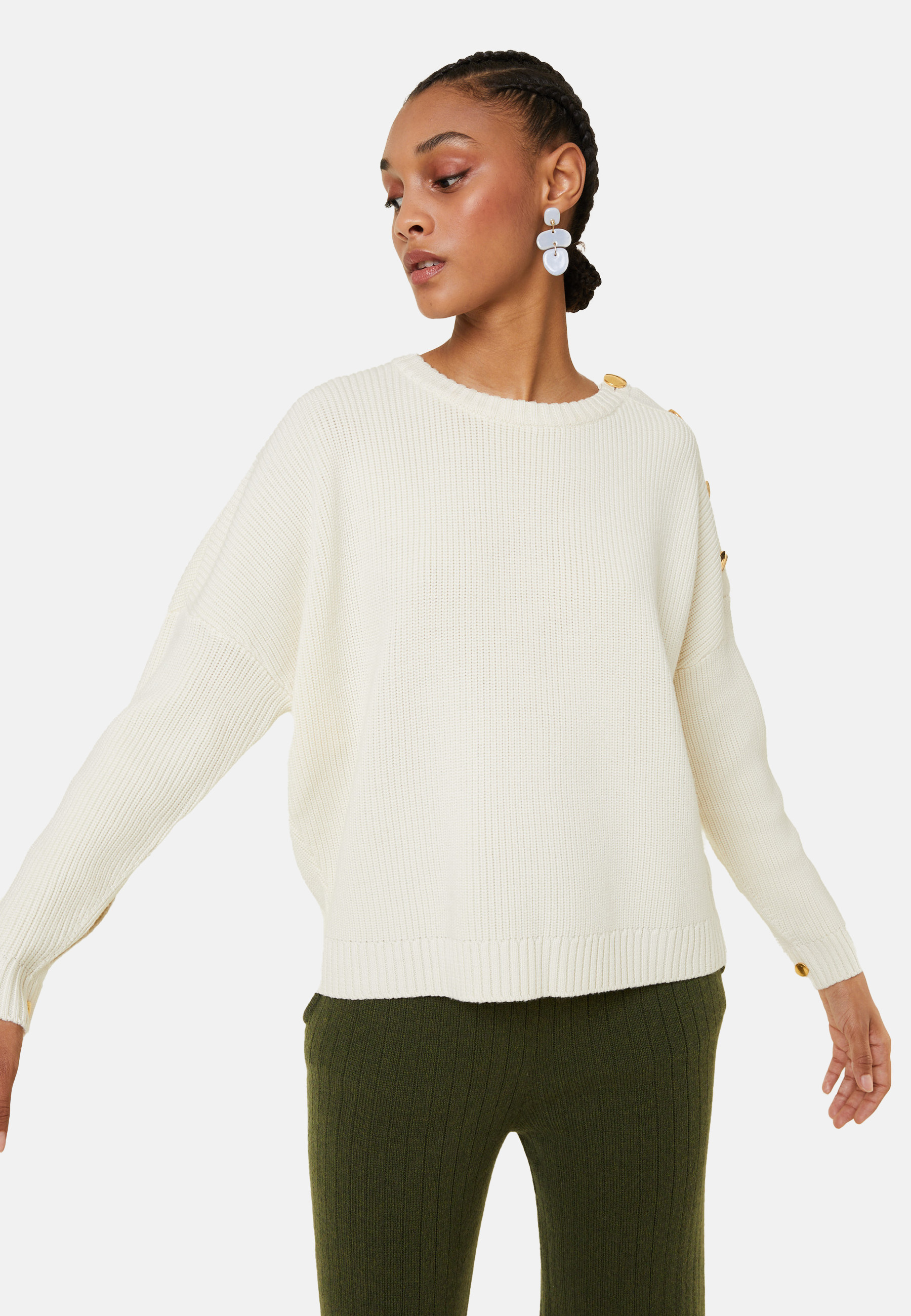 Pull col rond épaule boutonné en laine mérinos - Gao 7860 soleil - 89 Moutarde