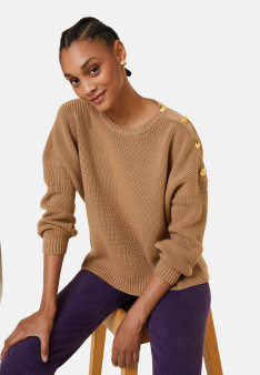 Pull col rond épaule boutonné en laine mérinos - Gao 7860 soleil - 89 Moutarde